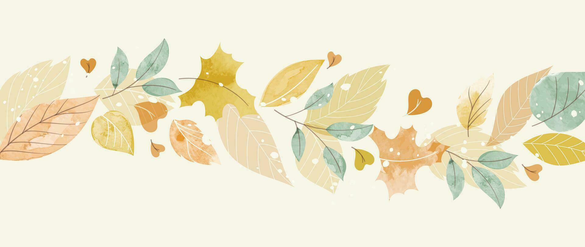 1920x810 Autumn foliage in watercolor vector background. Abstract wallpaper design with maple leaves, oak leaf, line art. Elegant botanical in fall season illustration suitable for fabric, prints, cover