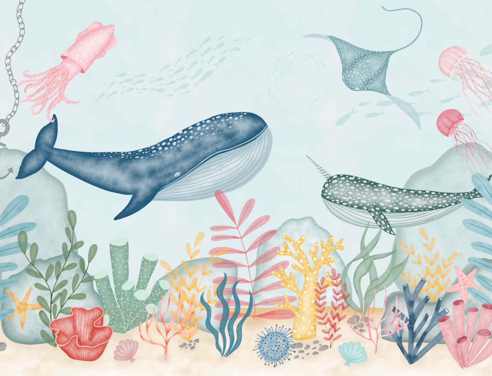 1700x1300 Kids Underwater Ocean Watercolour Wall Mural