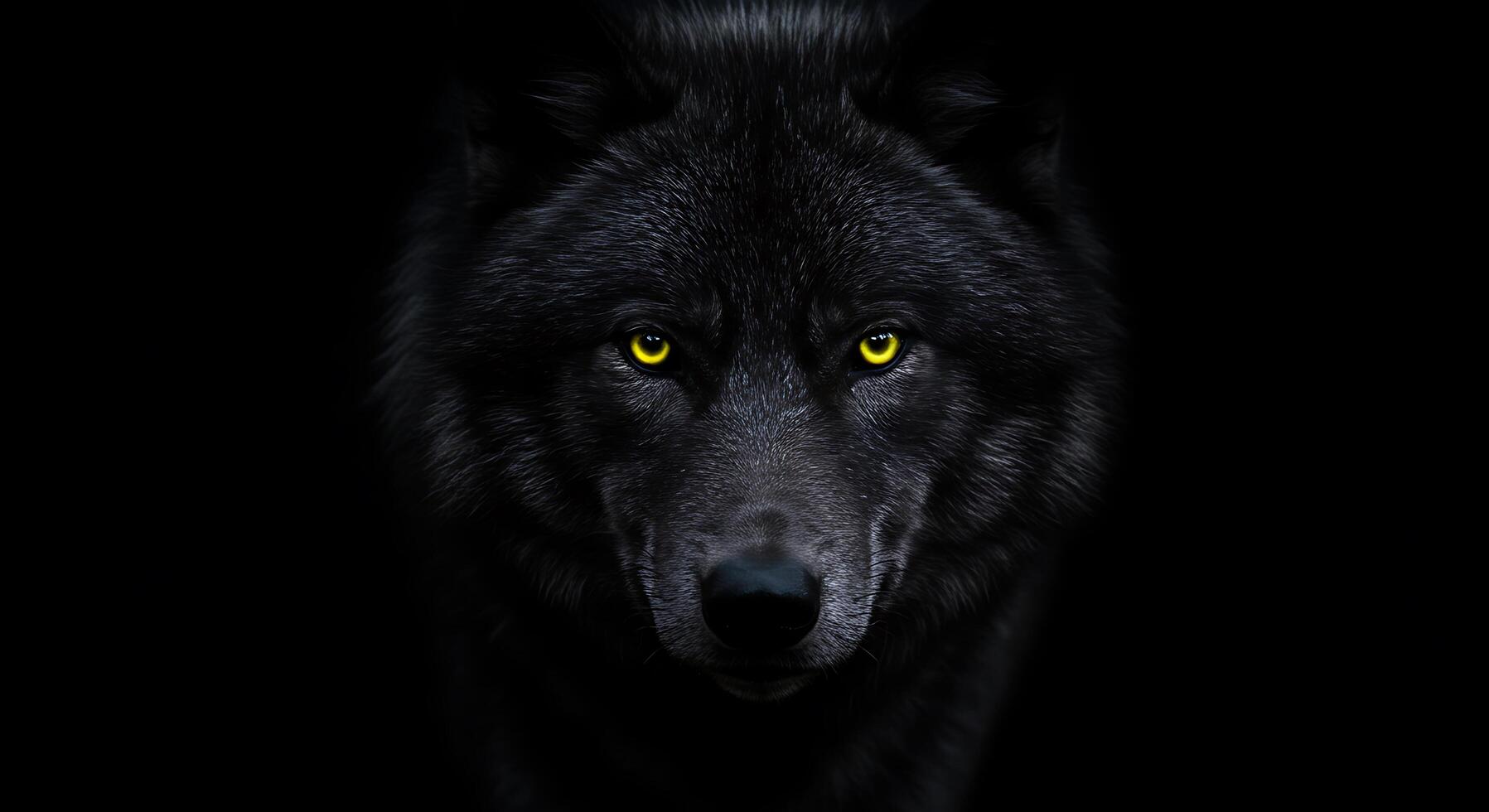 1797x980 Black wolf with yellow eyes on a black background