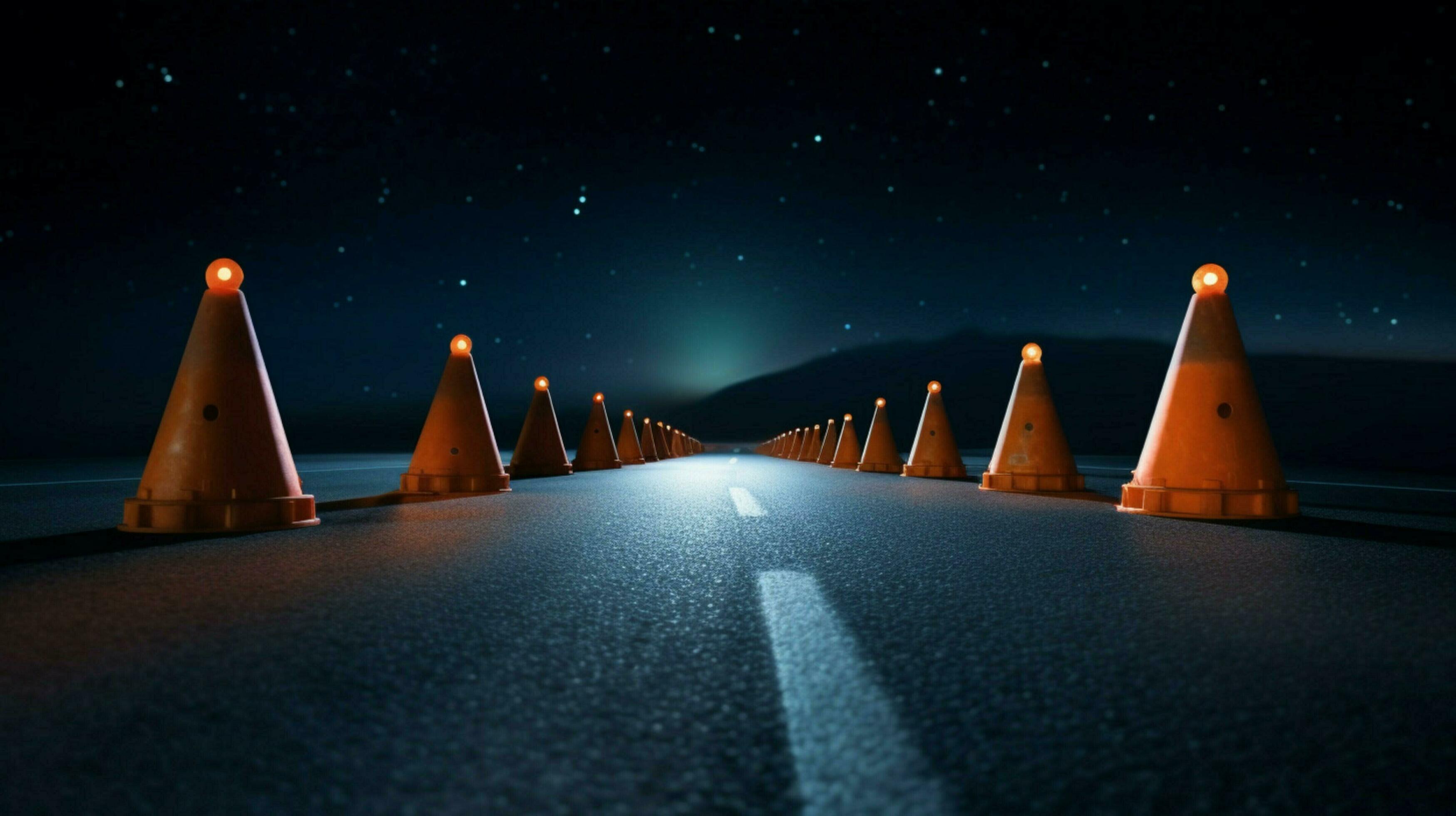 3498x1960 traffic cones on a deserted road at night