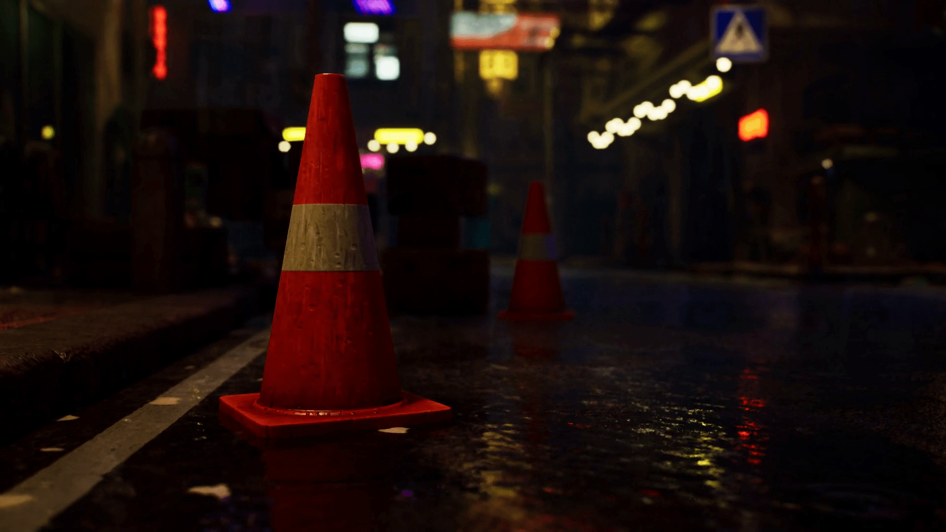 1920x1080 Red Traffic Cone On Wet Street In Bright Neon Lit Asian City