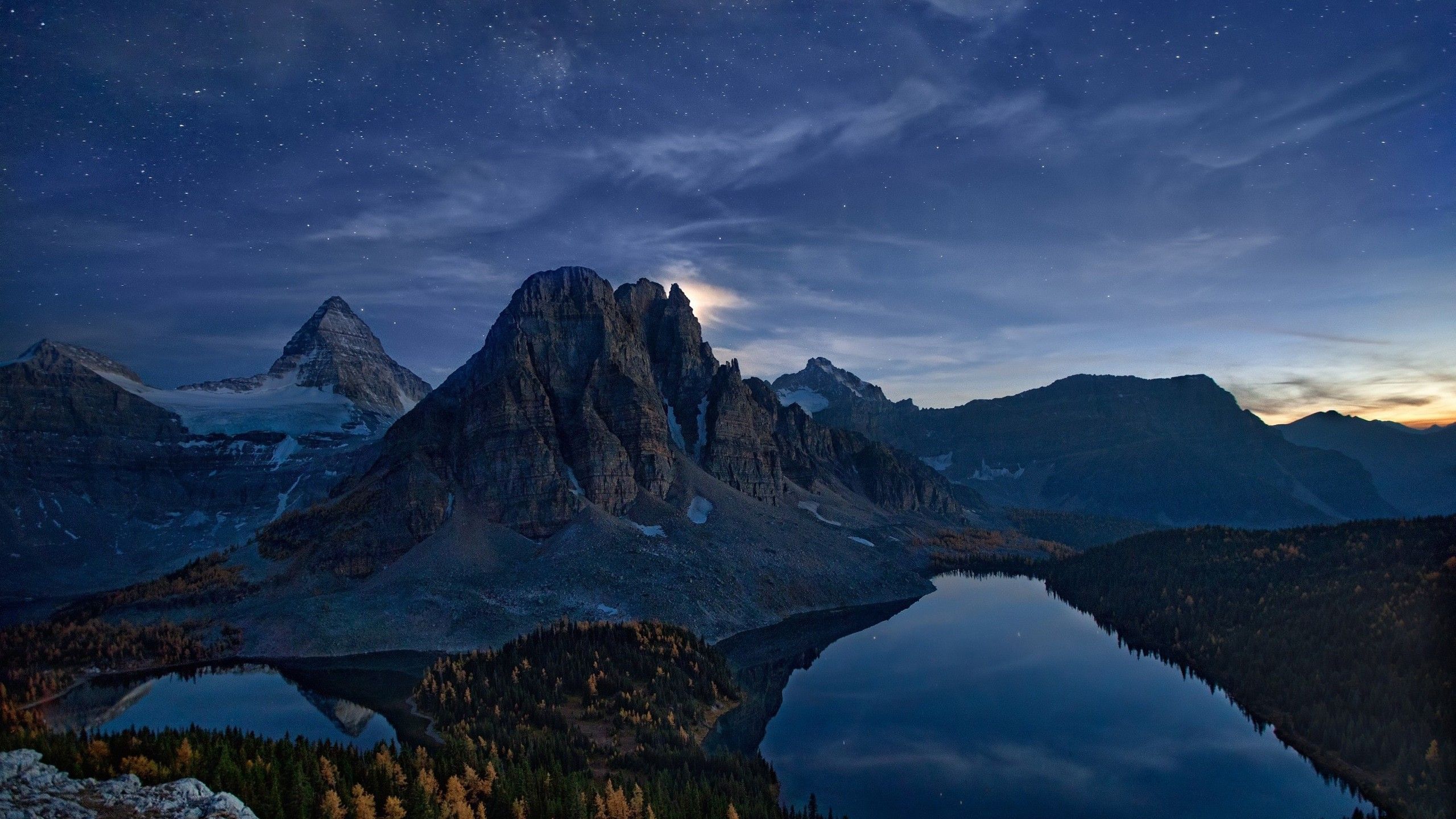 2560x1440 Landscape Of Forest Lake Mountain During Nighttime Under Starry Sky HD Nature Wallpaper