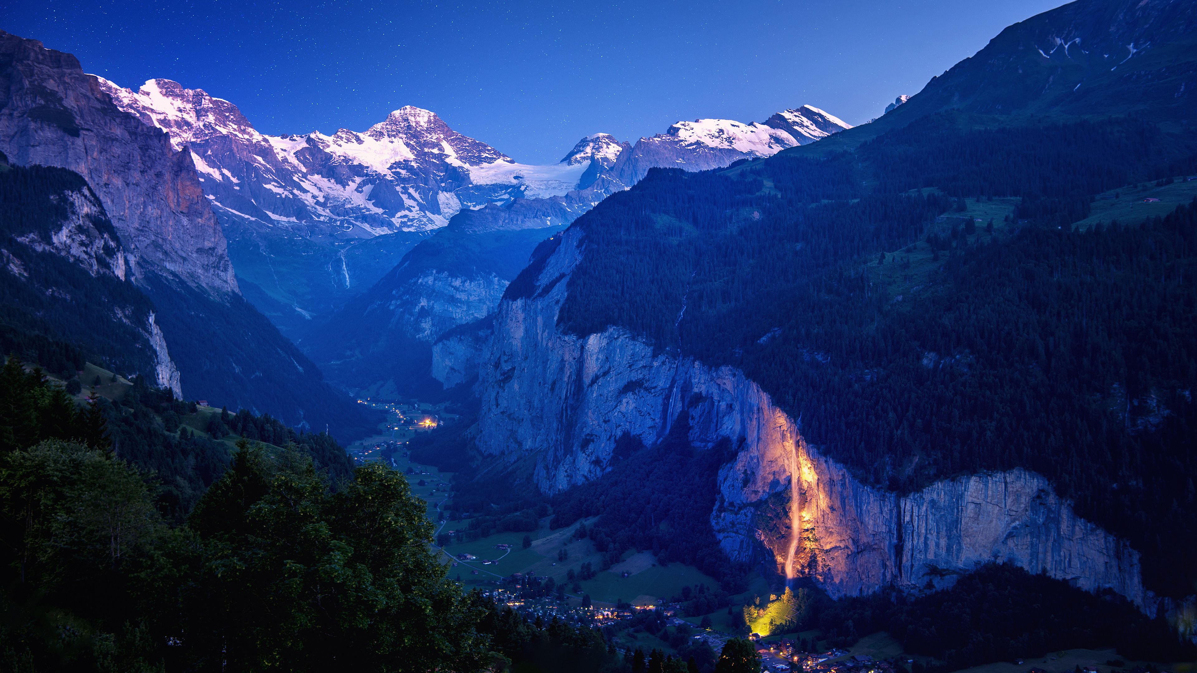 3840x2160 Landscape Of Switzerland Mountains Under Starry Blue Sky During Nighttime 4K HD Travel Wallpaper