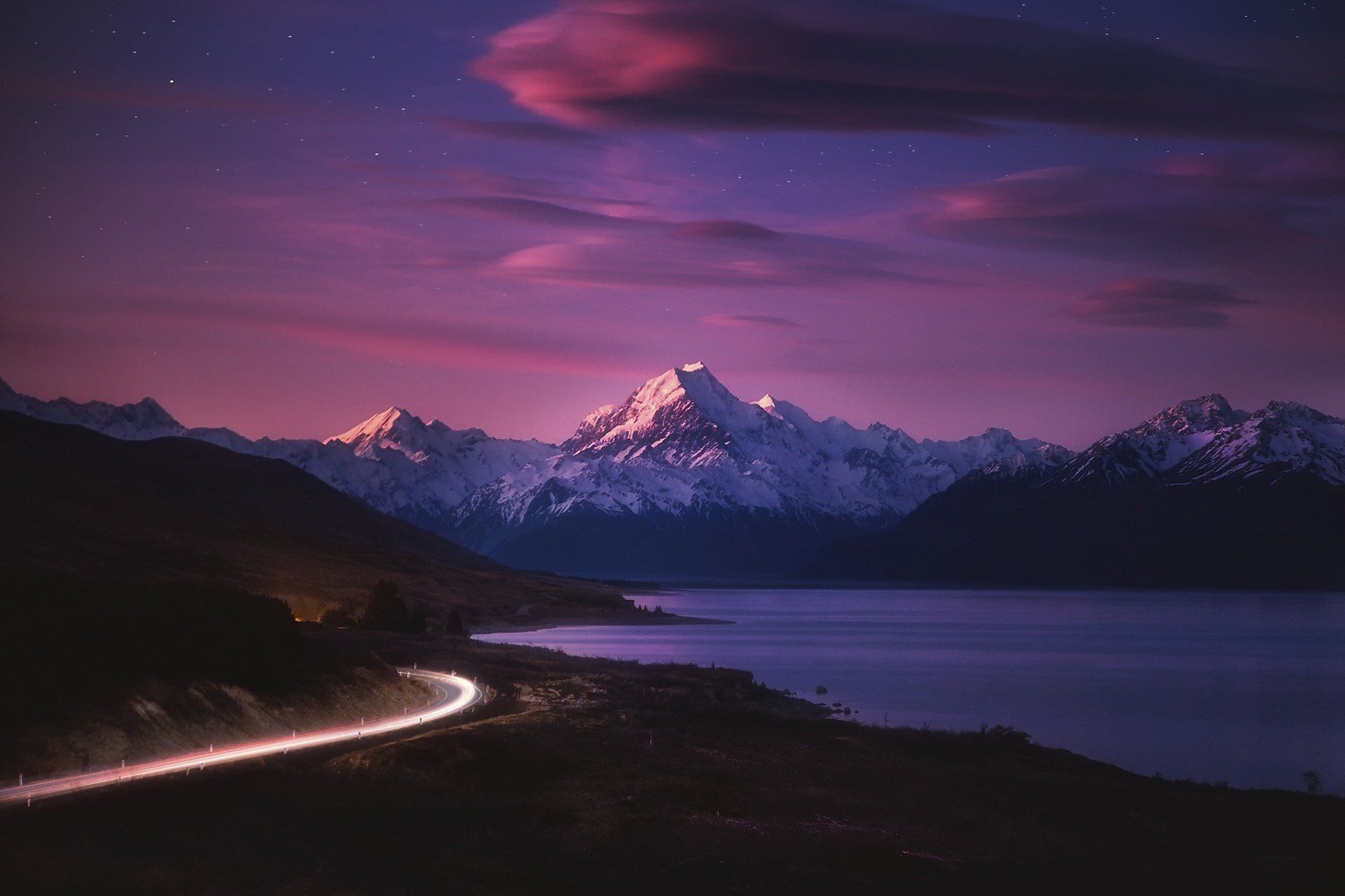 1920x1280 Nighttime Mountain Serenity: Time Lapse Lake And Road HD Wallpaperx1280