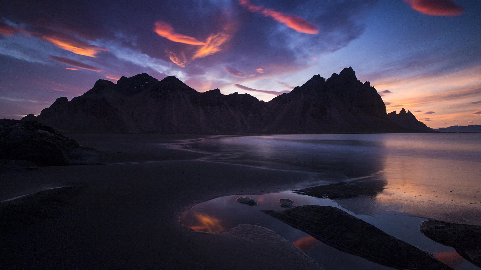 1920x1080 Landscape View Of Mountains During Nighttime Ocean Beach Sand HD Nature Wallpaper