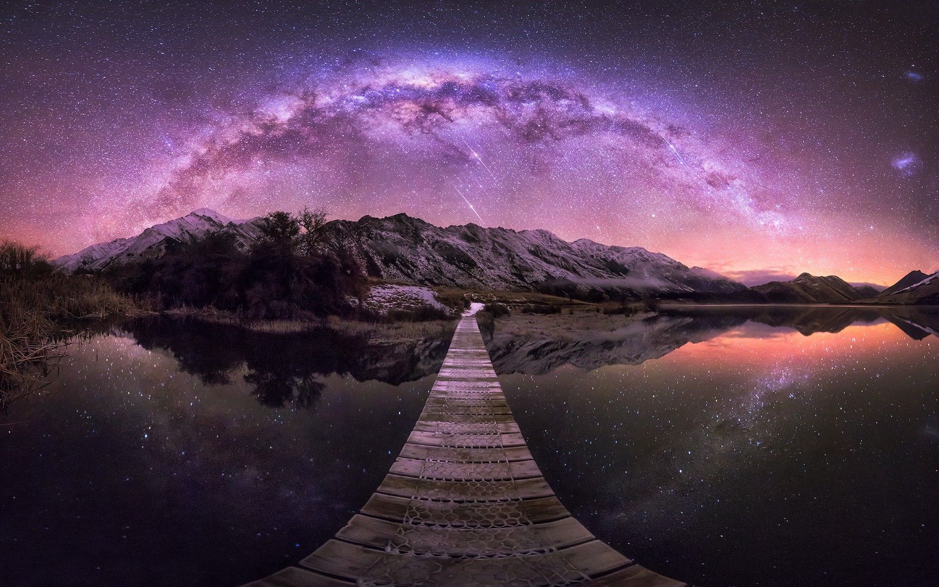 1920x1200 nature, Landscape, New Zealand, Lake, Mountain, Milky Way, Long Exposure, Walkway, Starry Night, Reflection, Shrubs Wallpaper HD / Desktop and Mobile Background