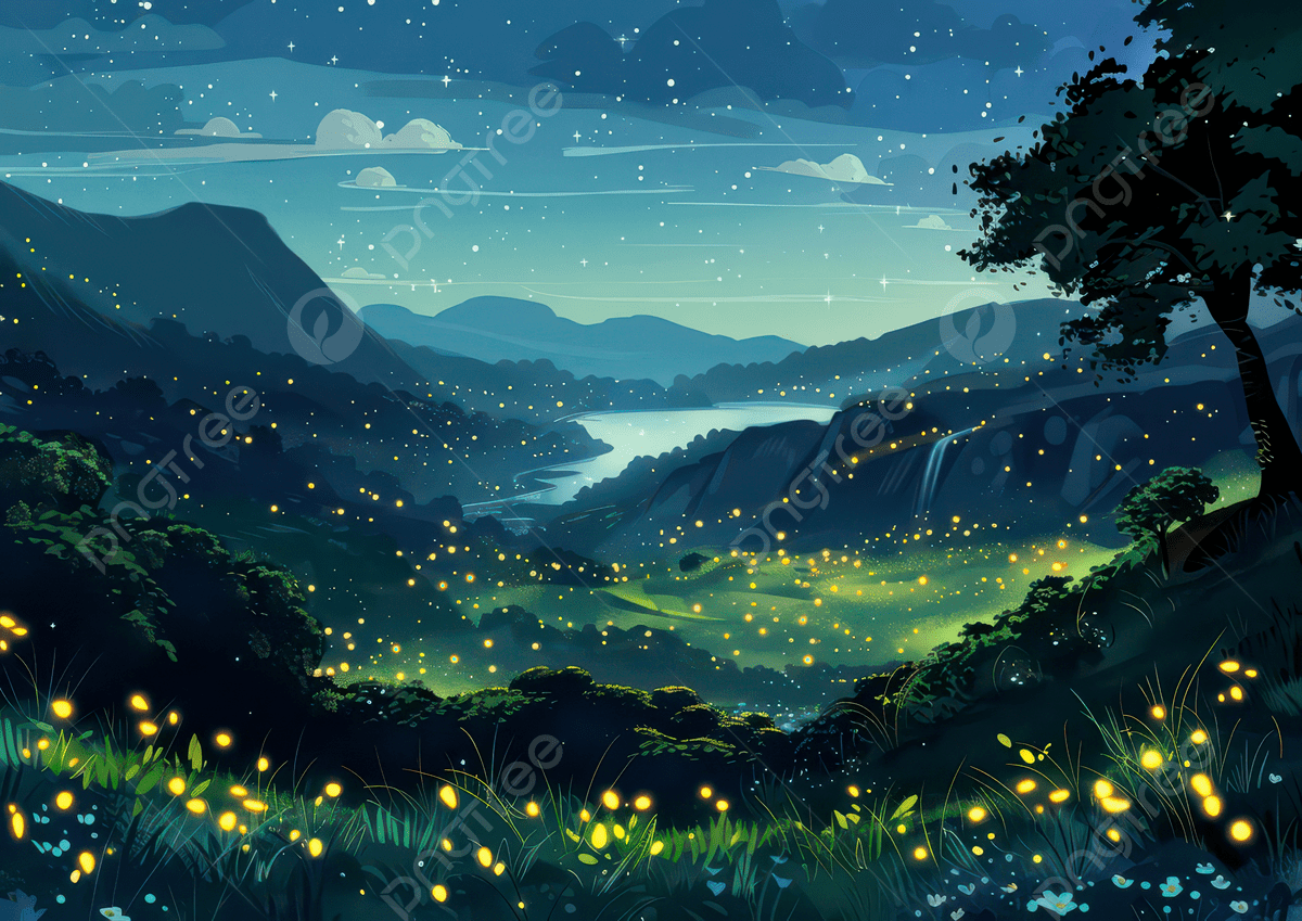 1200x849 A Serene Night Landscape With Glowing Fireflies Over River And Mountains, Night, Landscape, River Background Image And Wallpaper for Free Download