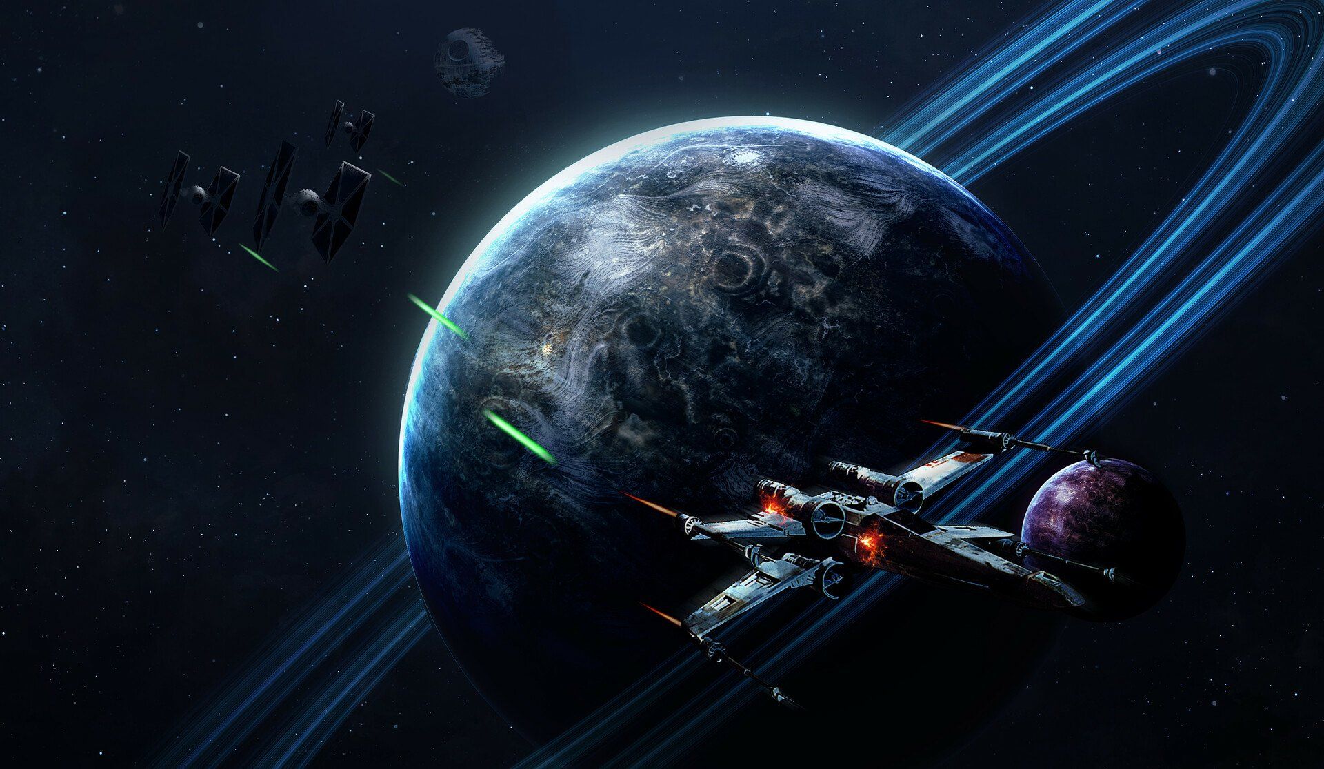 1920x1116 Epic Star Wars HD Wallpaper: Death Star, X Wing & TIE Fighters In Cosmic Battle By Gordon Neillx1116