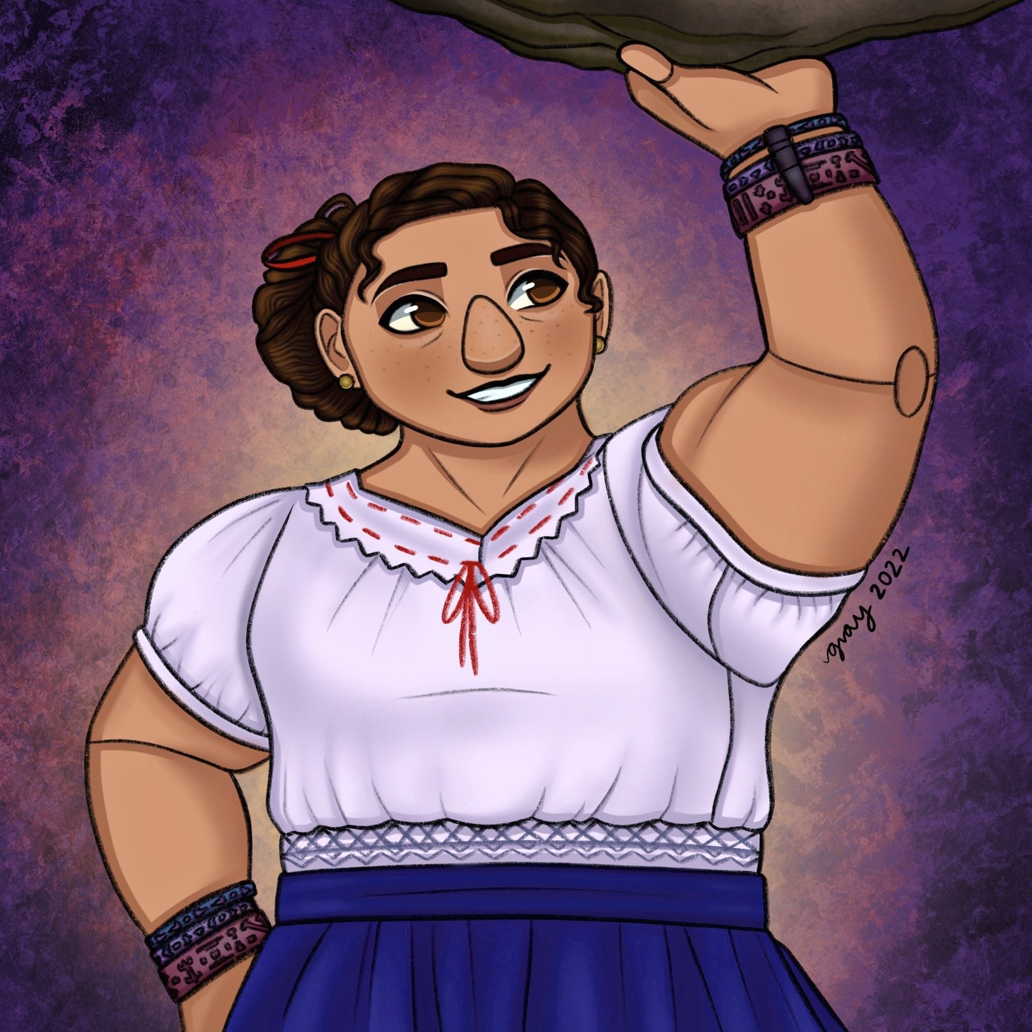 2048x2048 ID: A drawing of Luisa Madrigal from Encanto. Luisa is a muscular Colombian woman with light tan skin, dark brown wavy hair