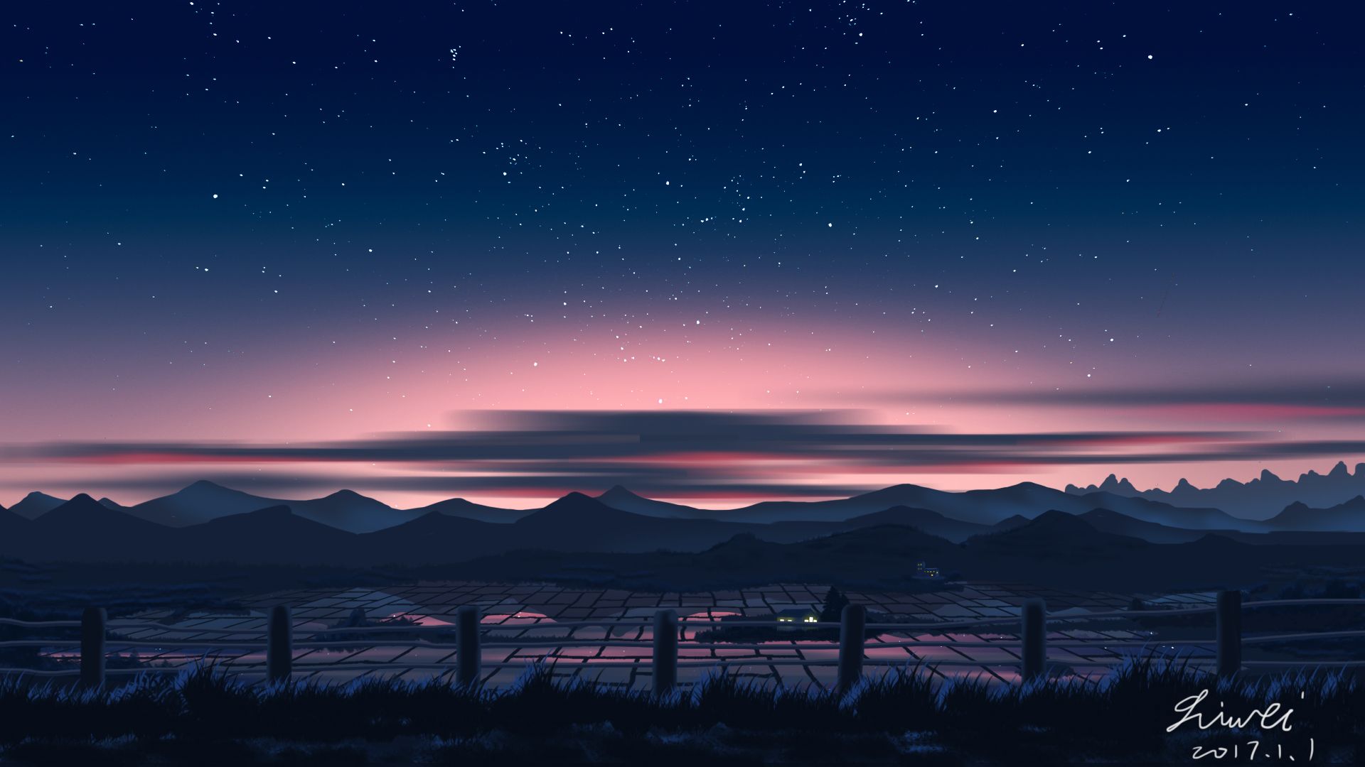 1920x1080 Starry Countryside Anime Night
