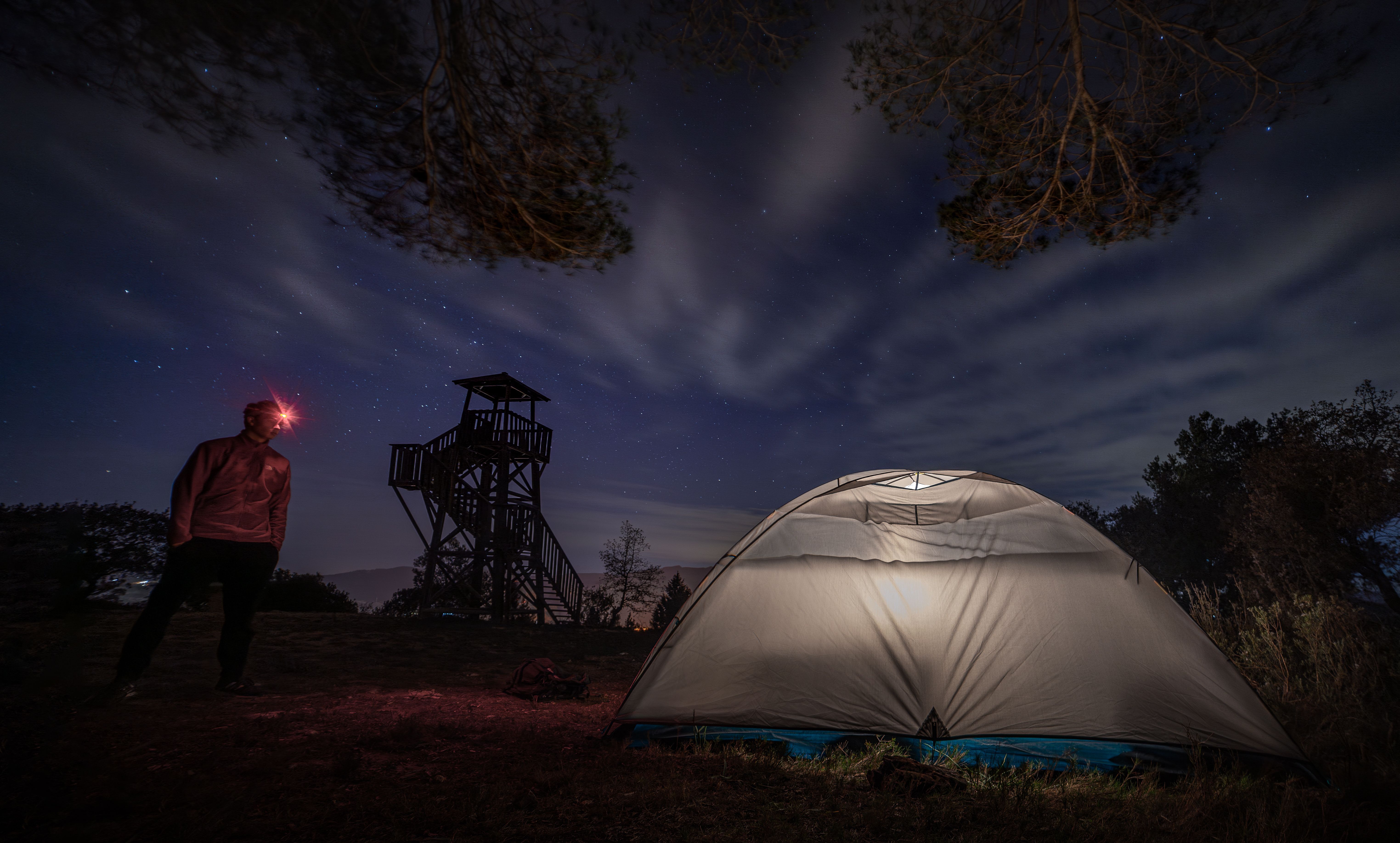6096x3672 Starry Night Camping with Tent and Watchtower · Free