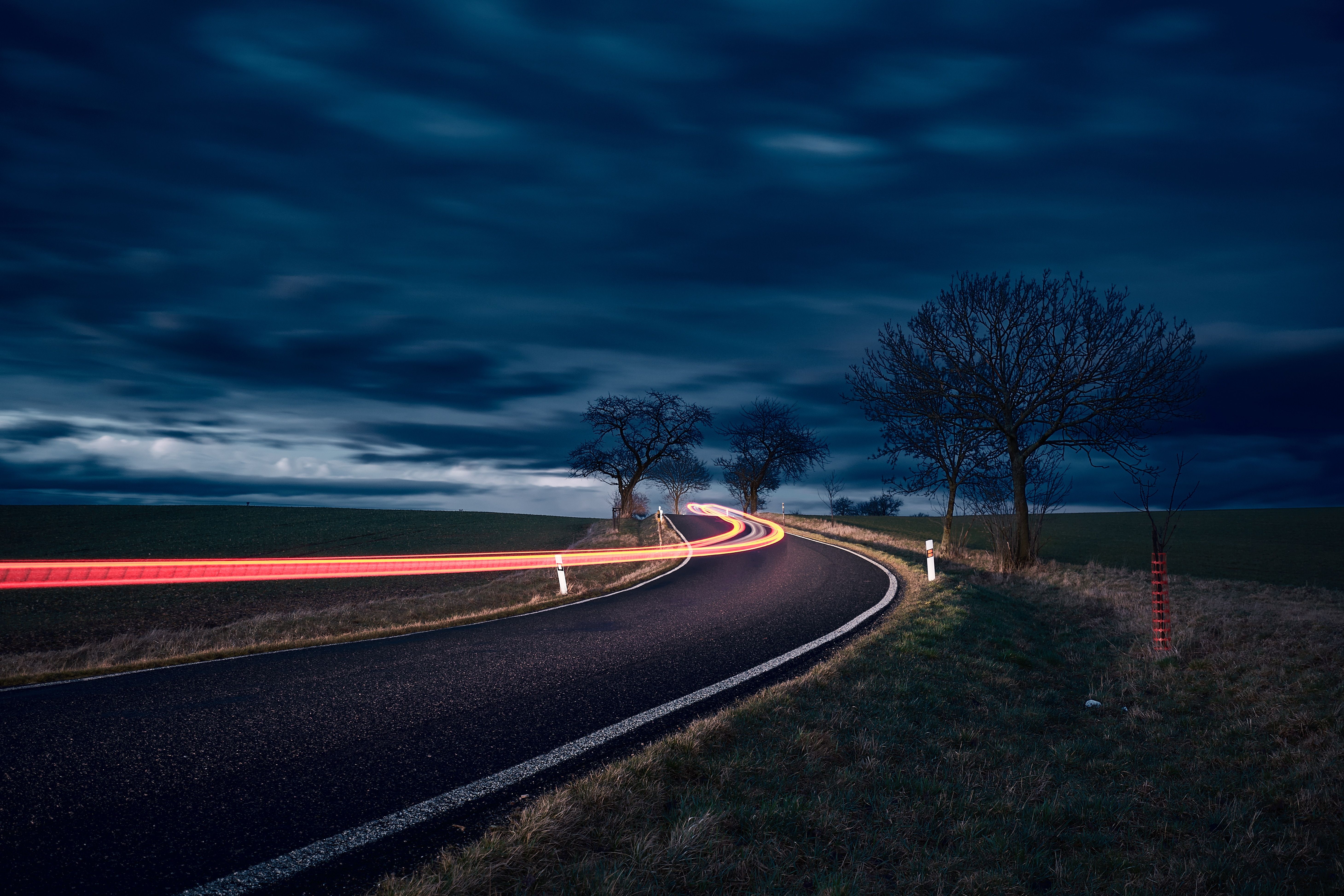 5839x3893 Wallpaper Road, Night, Blue, Cloud, Tree, Background Free Image