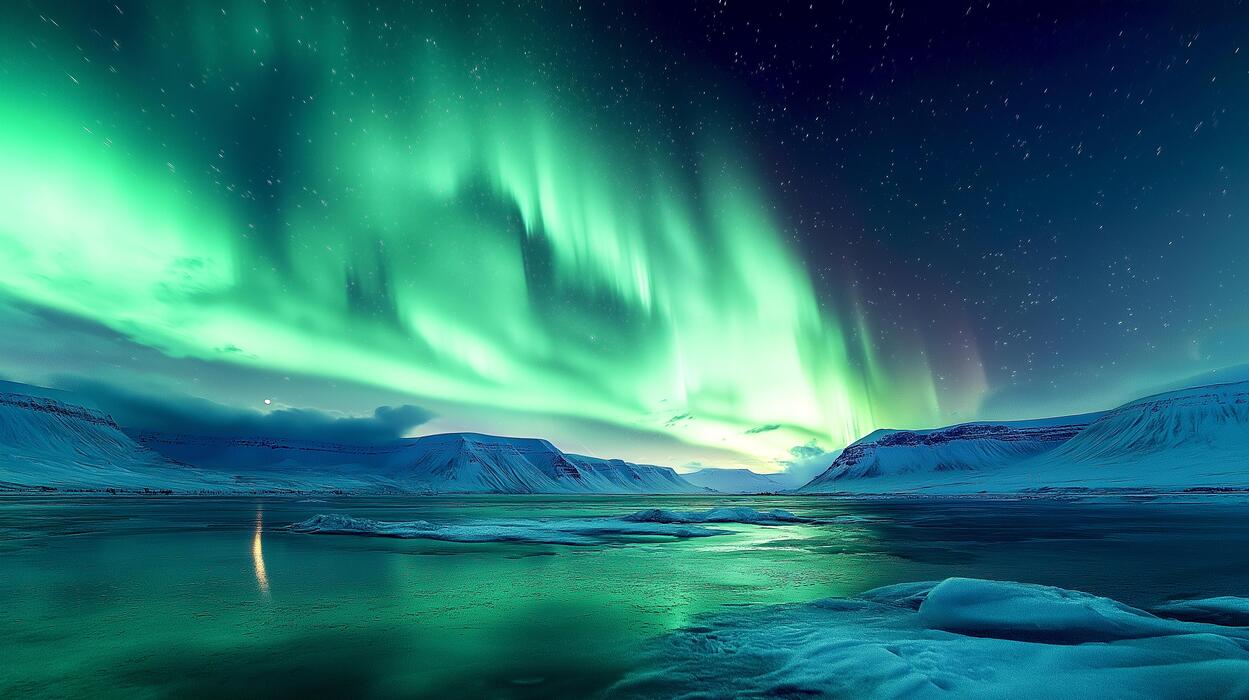 1249x700 Landscape of Northern lights aurora borealis green and purple with snow mountains Reflection in the lake water at night In Scandinavia Country Winter Season, North pole