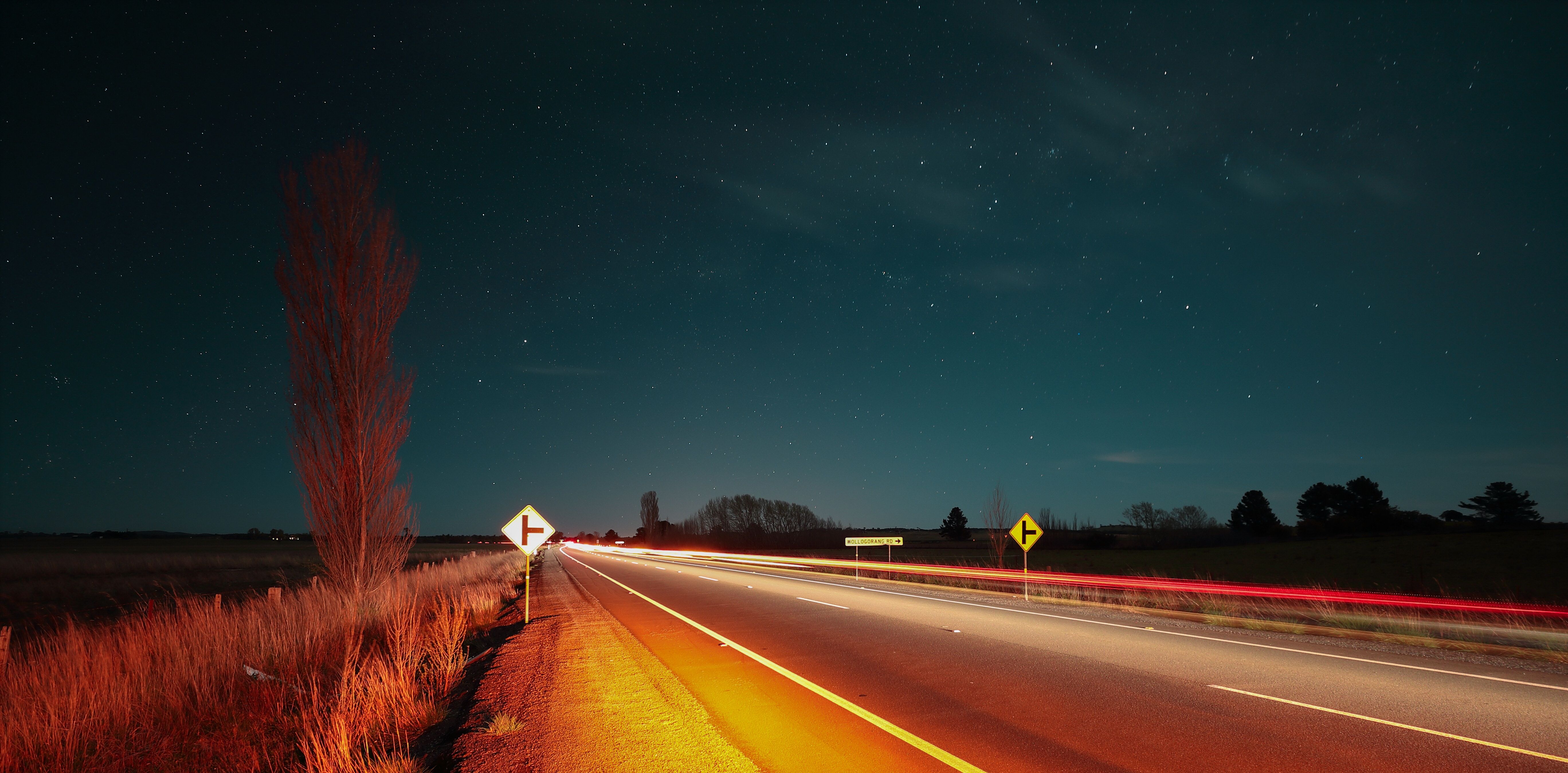 5472x2698 road, Starry night, Night, Lights, Car Wallpaper HD / Desktop and Mobile Background