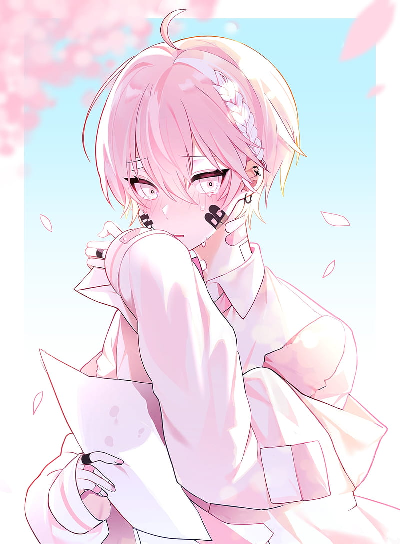 800x1087 Guy, glance, tears, sad, anime, art, pink, HD phone wallpaper