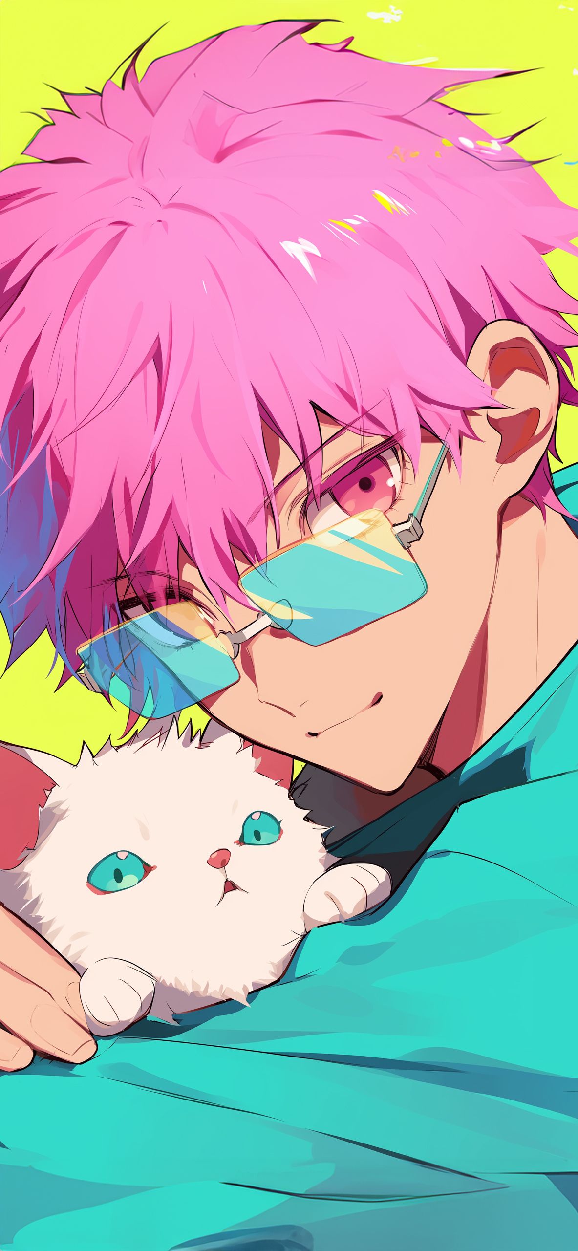 1183x2560 Pink Haired Anime Guy W Cat Wallpaper Anime Boy Wallpaper