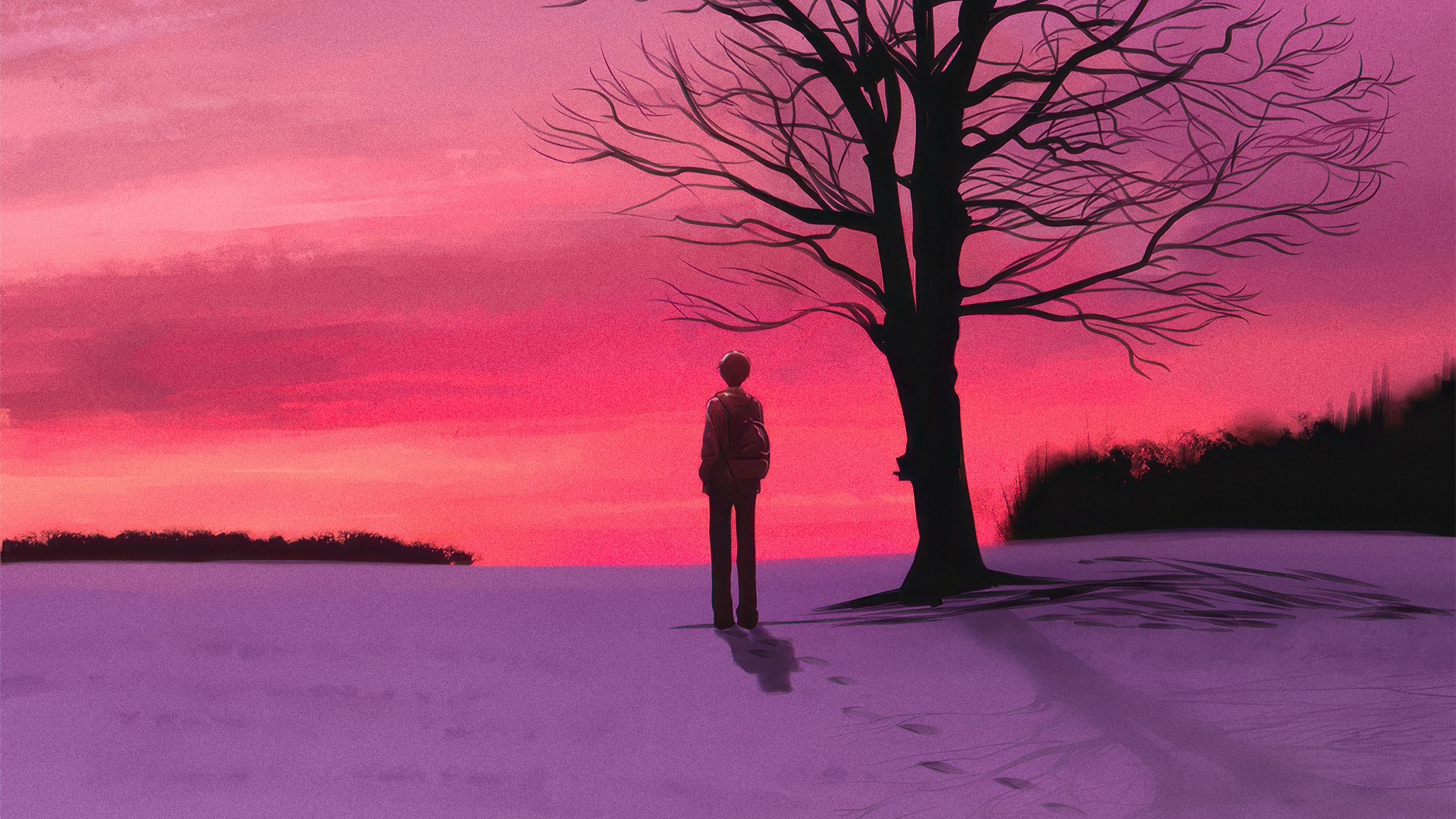 3840x2160 Silhouette Anime Boy Under Bare Tree Magenta Sunset Wallpaper, HD Artist Wallpaper, 4k Wallpaper, Image, Background, Photos and Picture