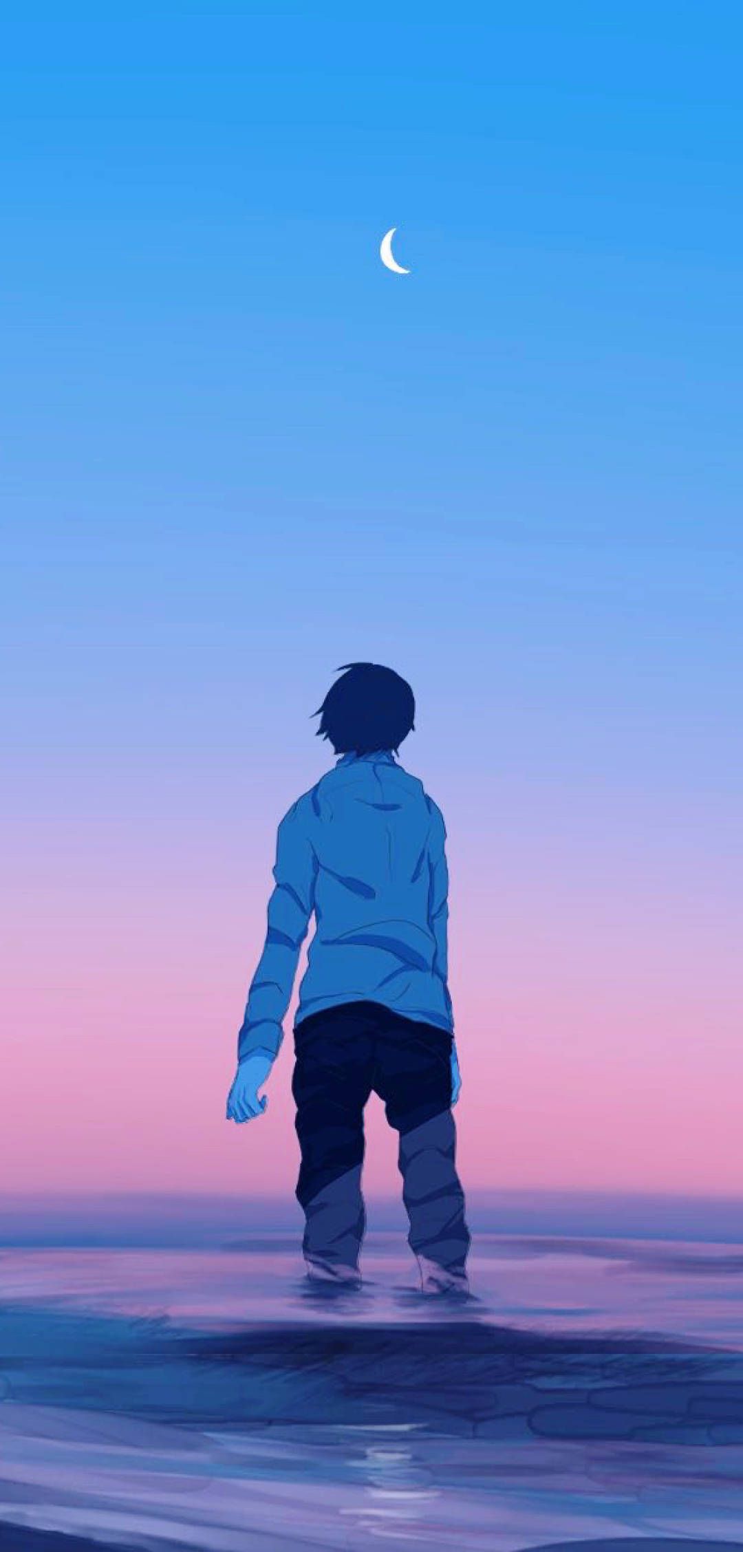 1080x2256 Download Sad Boy Anime Pink Blue Sky Wallpaper