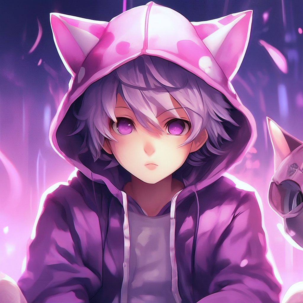 1024x1024 Anime boy, in a purple pink background, sits in a hood with cat ears, pink