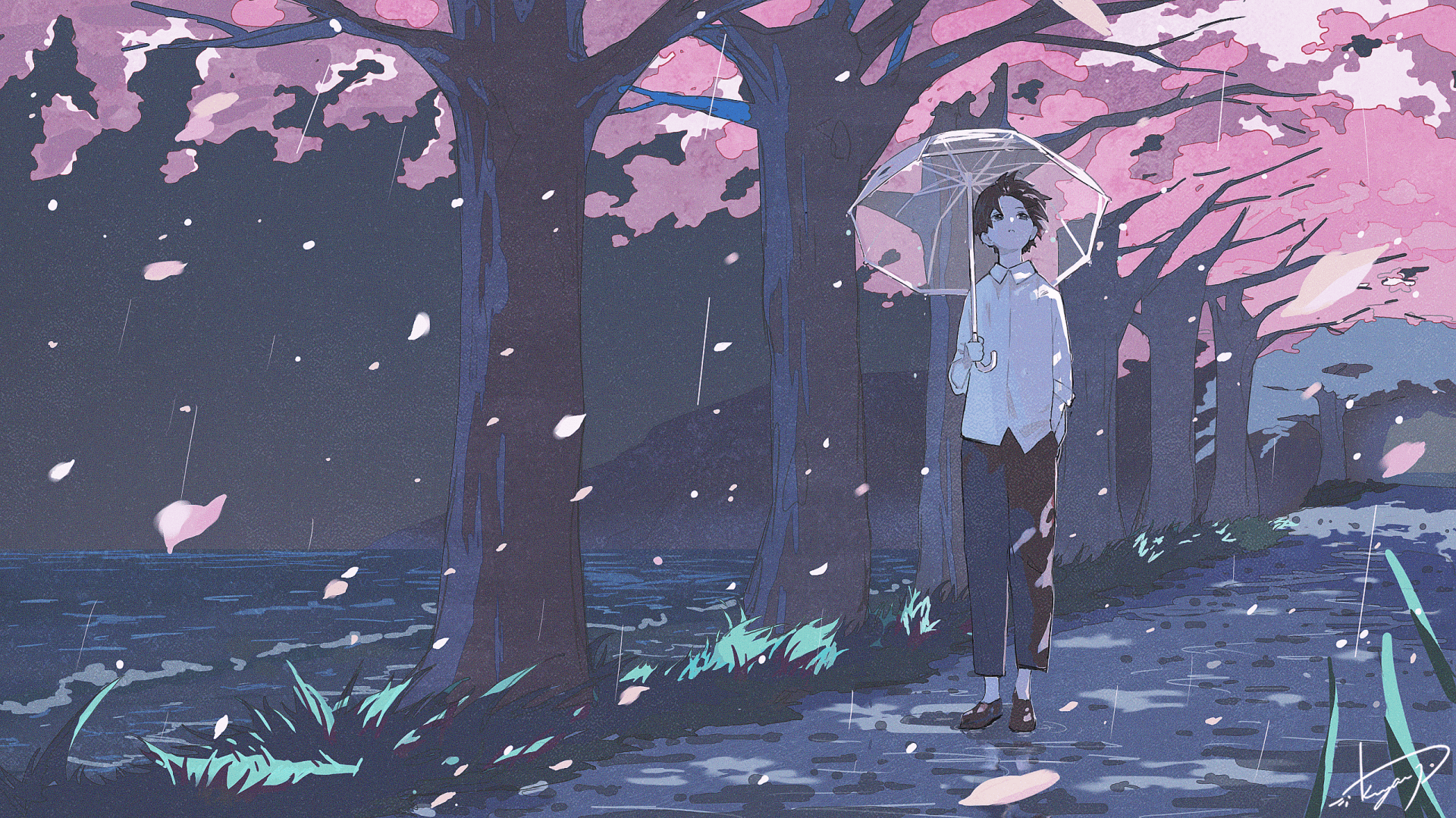 1920x1079 Serene Stroll: Anime Boy Under Cherry Blossom Trees with Umbrella by アキヤミx1439