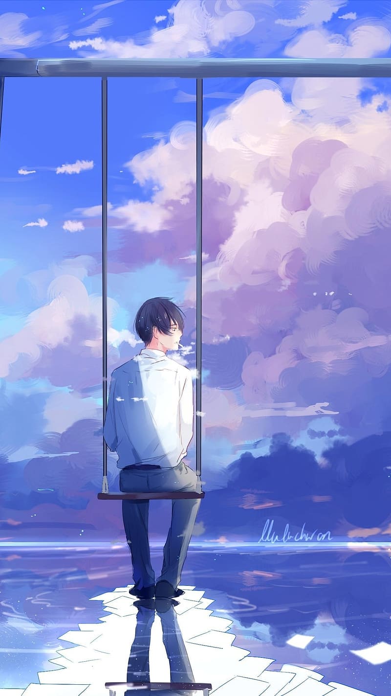 800x1422 Alone Boy, Swing, anime, pink sky, animation, HD phone wallpaper