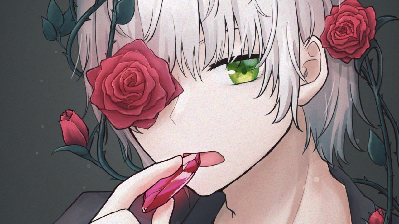 1280x720 Wallpaper guy, crystal, roses, wreath, anime, art hd, picture, image