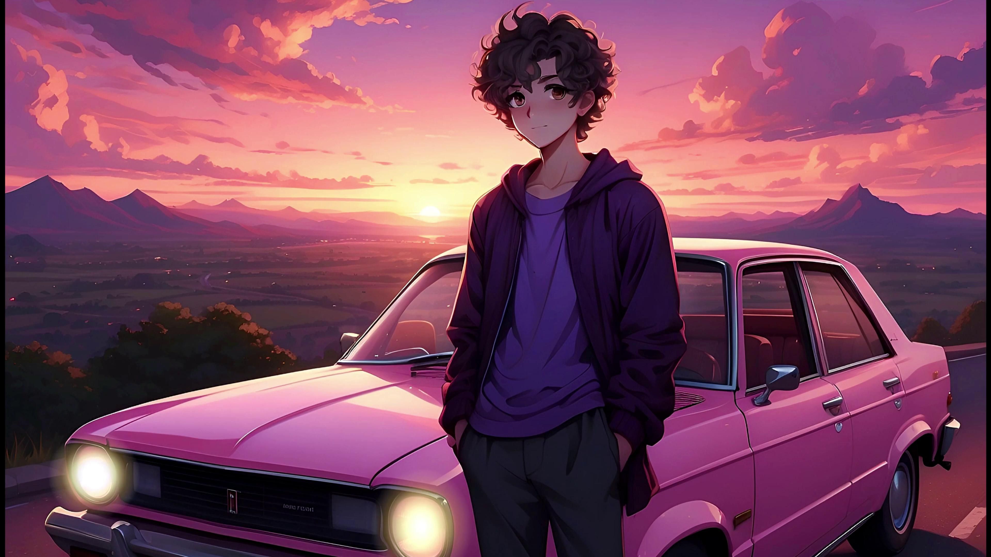 3840x2160 Anime Boy With Pink Car Live Wallpaper