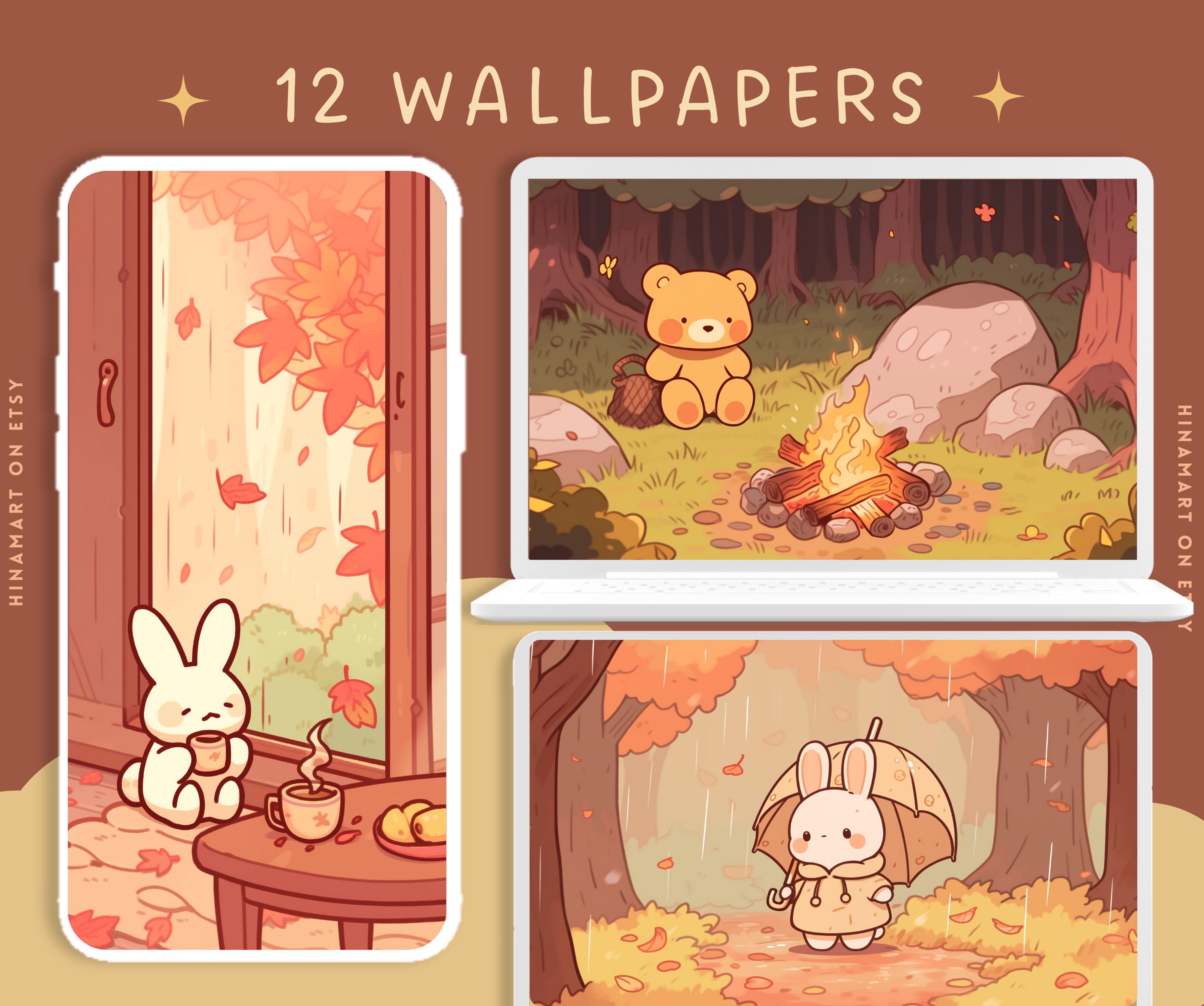3000x2508 Cute Bunny Bear Autumn Wallpaper Kawaii Autumn Wallpaper Fall Desktop Wallpaper Rain Wallpaper Cozy Screensaver Phone Bunnies Background