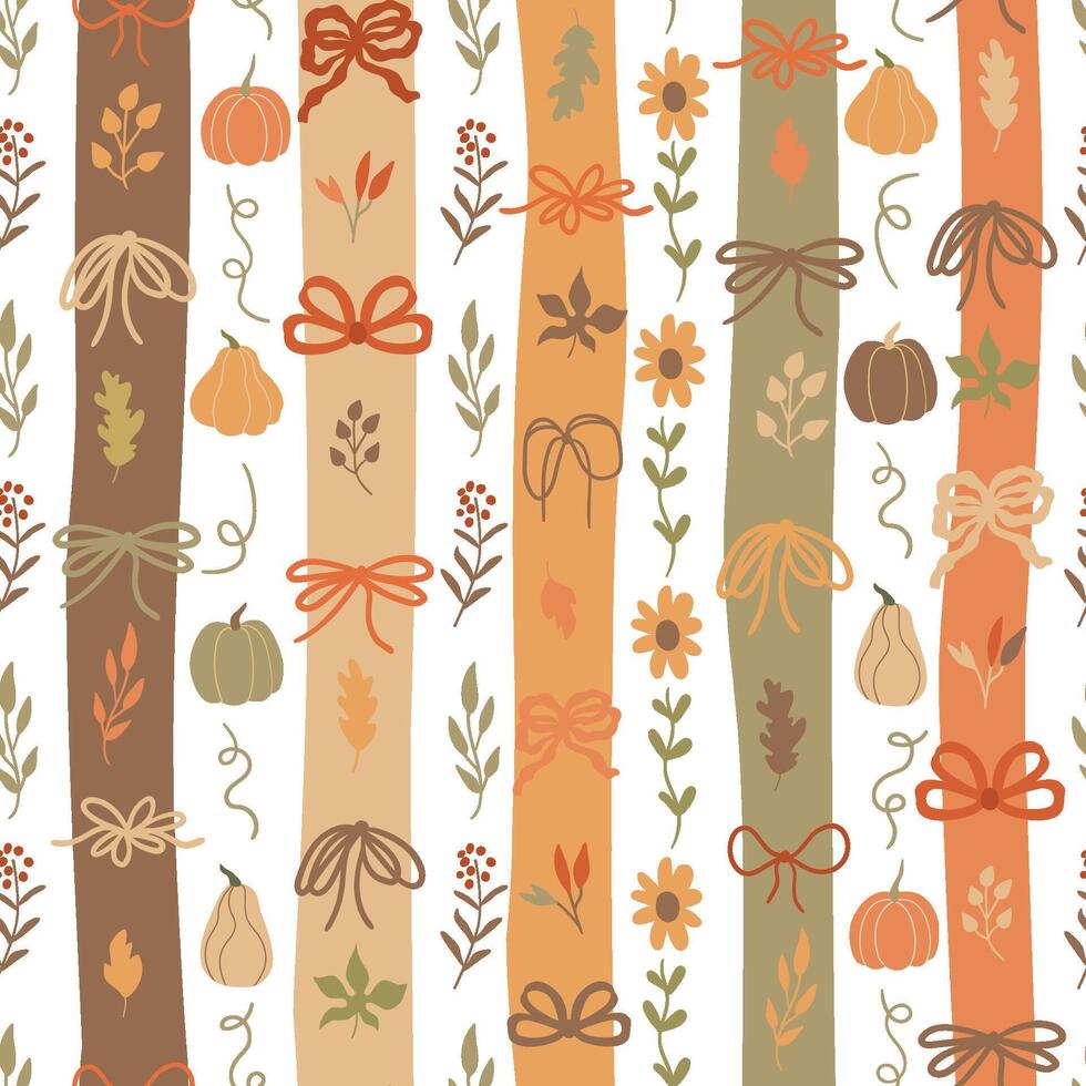 980x980 Fall pumpkin, flowers, cute coquette bows seamless pattern.. Vertical striped autumn repeat background with ribbons, leaves. Organic wallpaper, print, wrap paper, cute floral textile design, fabric