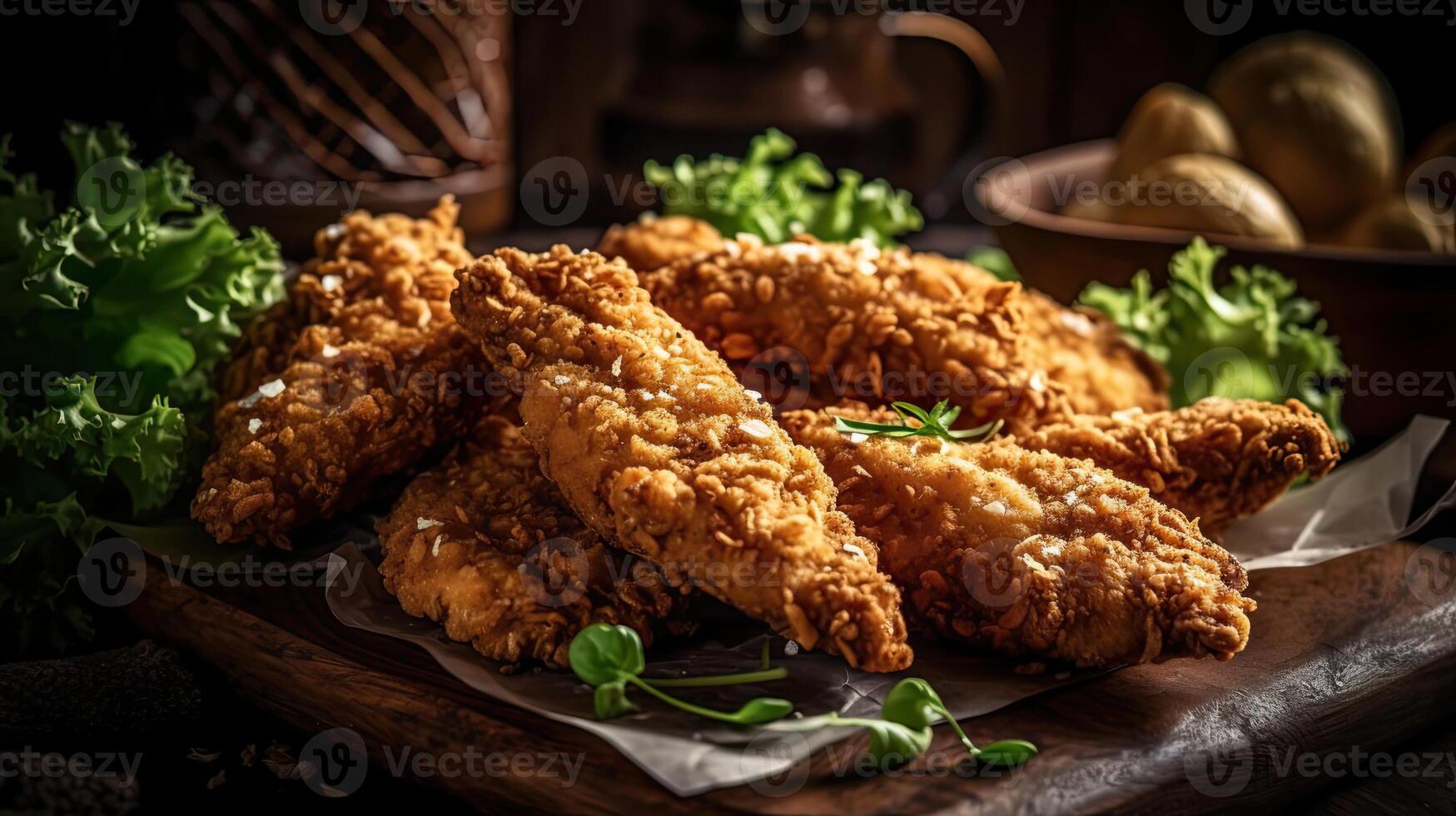 1749x980 Closeup Chicken Tenders with vegetable ornament on blurred background