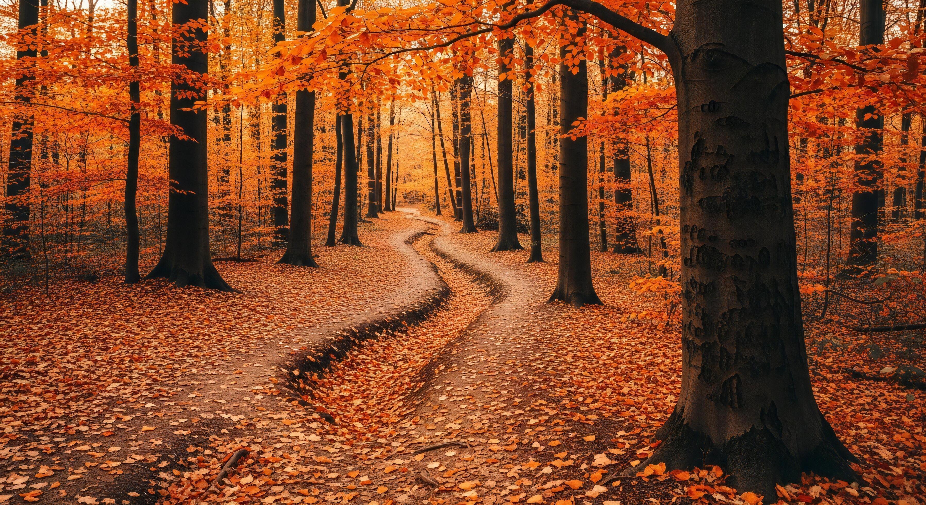 3593x1960 Nature background, Nature wallpaper, Winding dirt path through a dense forest with vibrant orange autumn leaves covering the ground