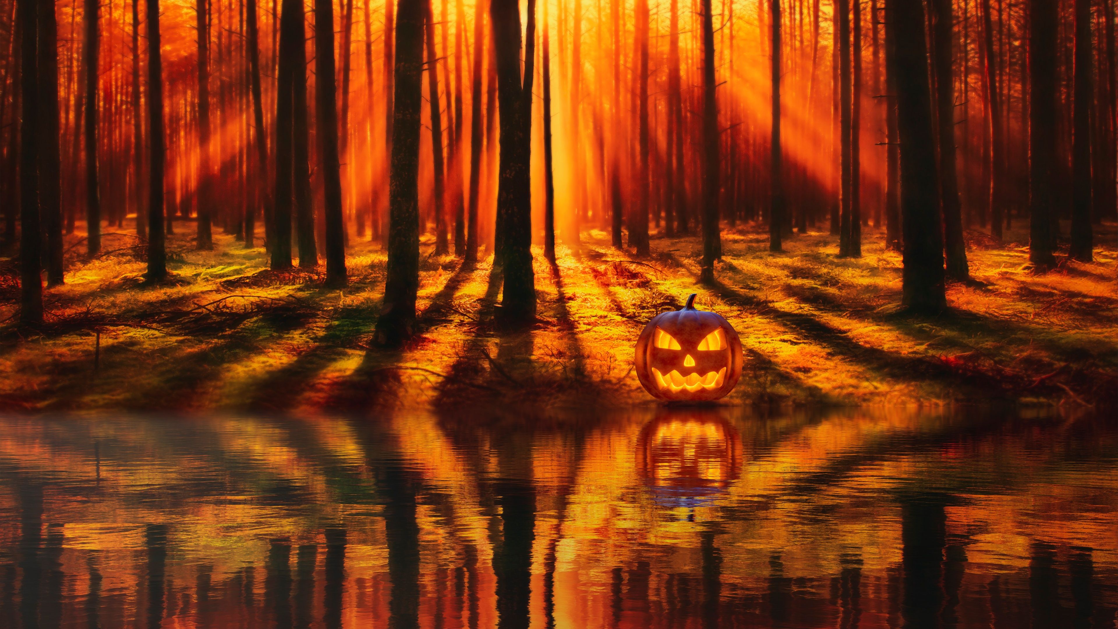 3840x2160 Jack O' Lantern Wallpaper 4K, Halloween Pumpkin, Forest, Lake