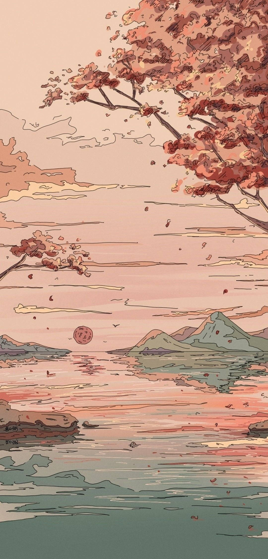 1080x2248 Download Colorful Nature Sketch HD Design Wallpaper
