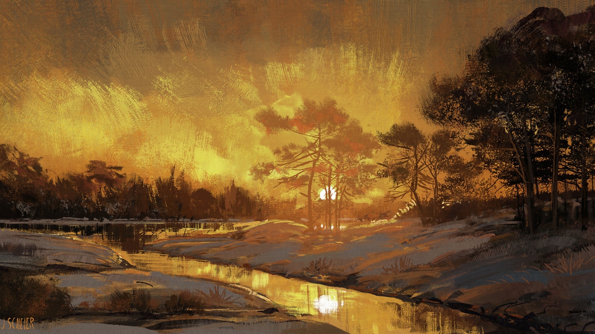1920x1080 Sunset on the Lake Drawing Wallpaper, HD Nature 4K Wallpaper, Image and Background