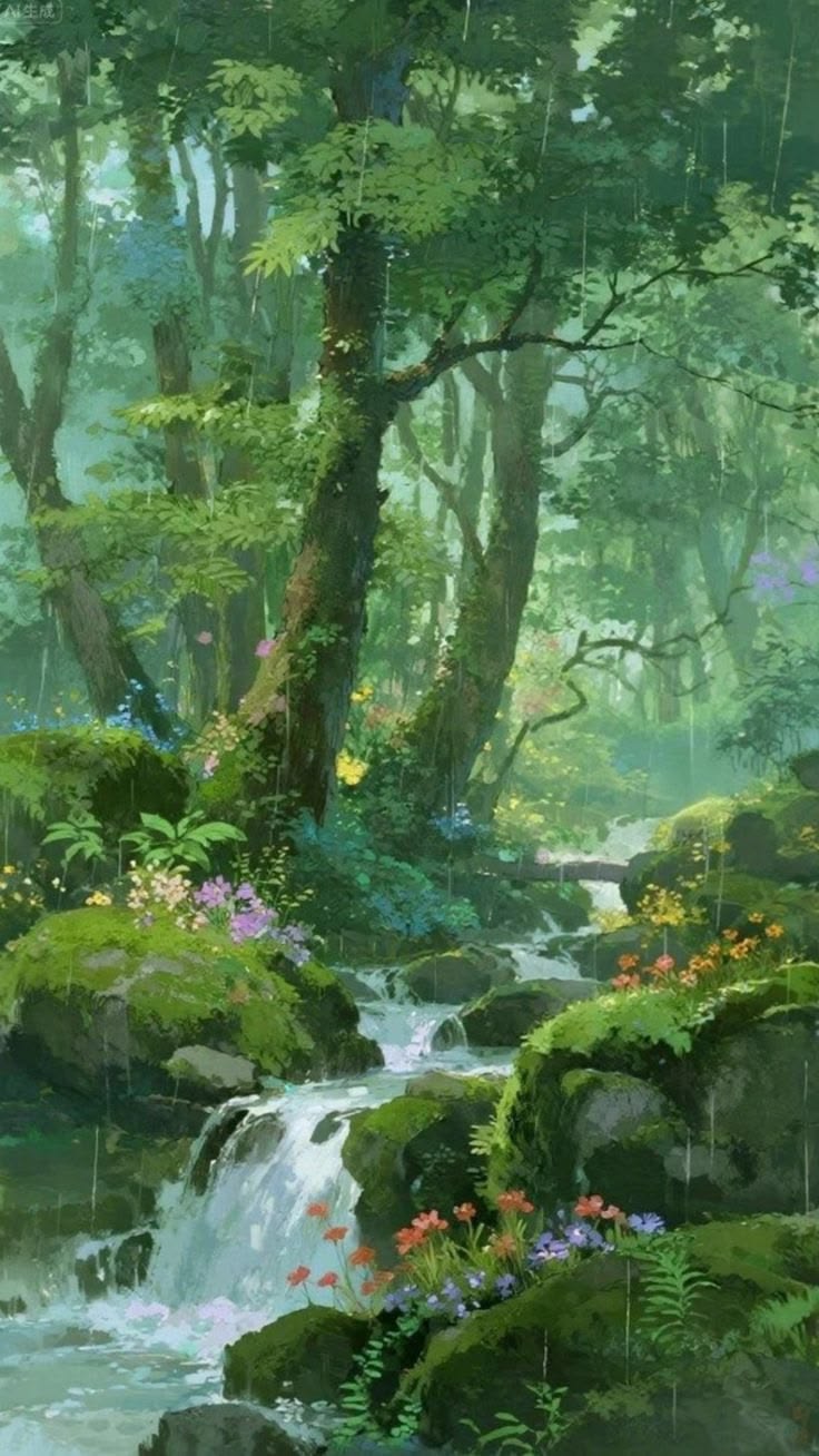 736x1308 Anime nature drawing. Anime forest, Forest painting wallpaper aesthetic, Nature plants drawing