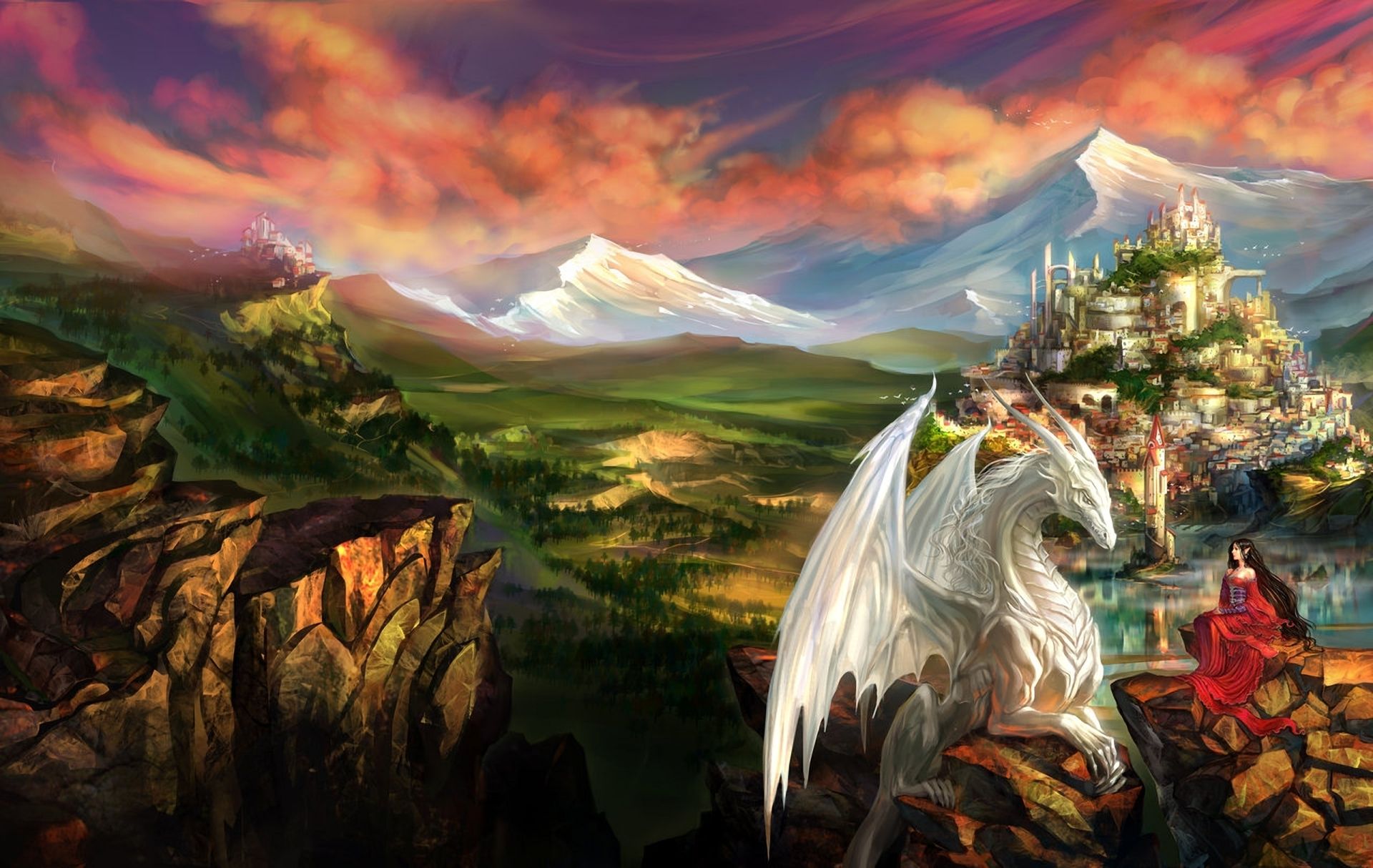 1920x1214 Desktop wallpaper: Mountain, Village, Landscape, Elf, Fantasy, Dragon, Castle, City 4K free download for PC. 547538