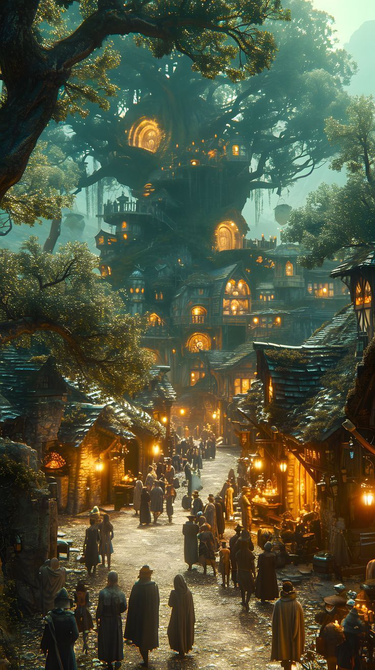 736x1313 Enchanted Elven Tree City: Fantasy Background for Your Phone