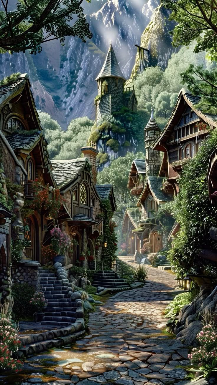 736x1308 Junk Journal Village Painting. Dnd wood elf village, The good witch town, Enchanted forest village