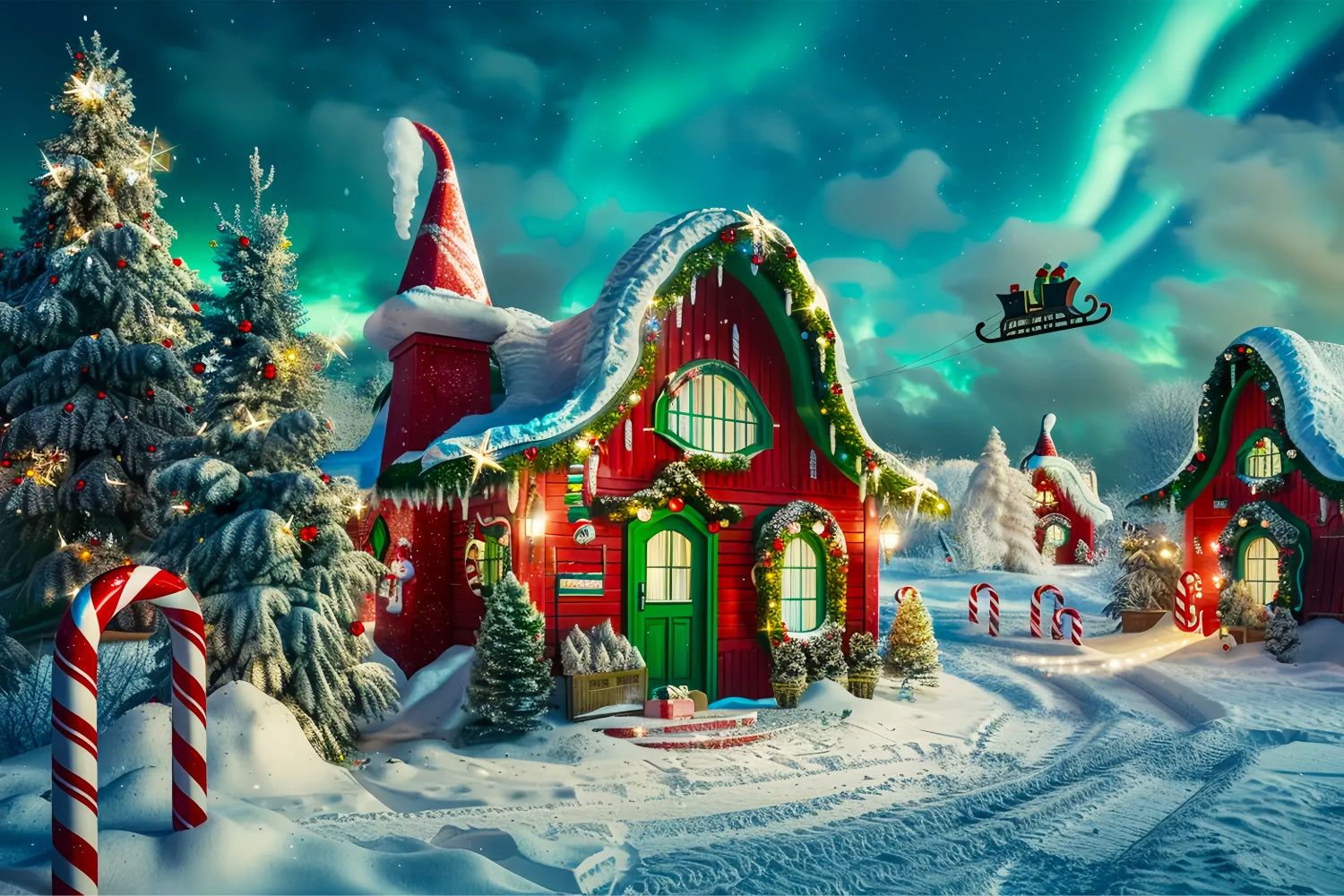 1500x1000 Christmas Elf House With Aurora Backdrop BRP7 218