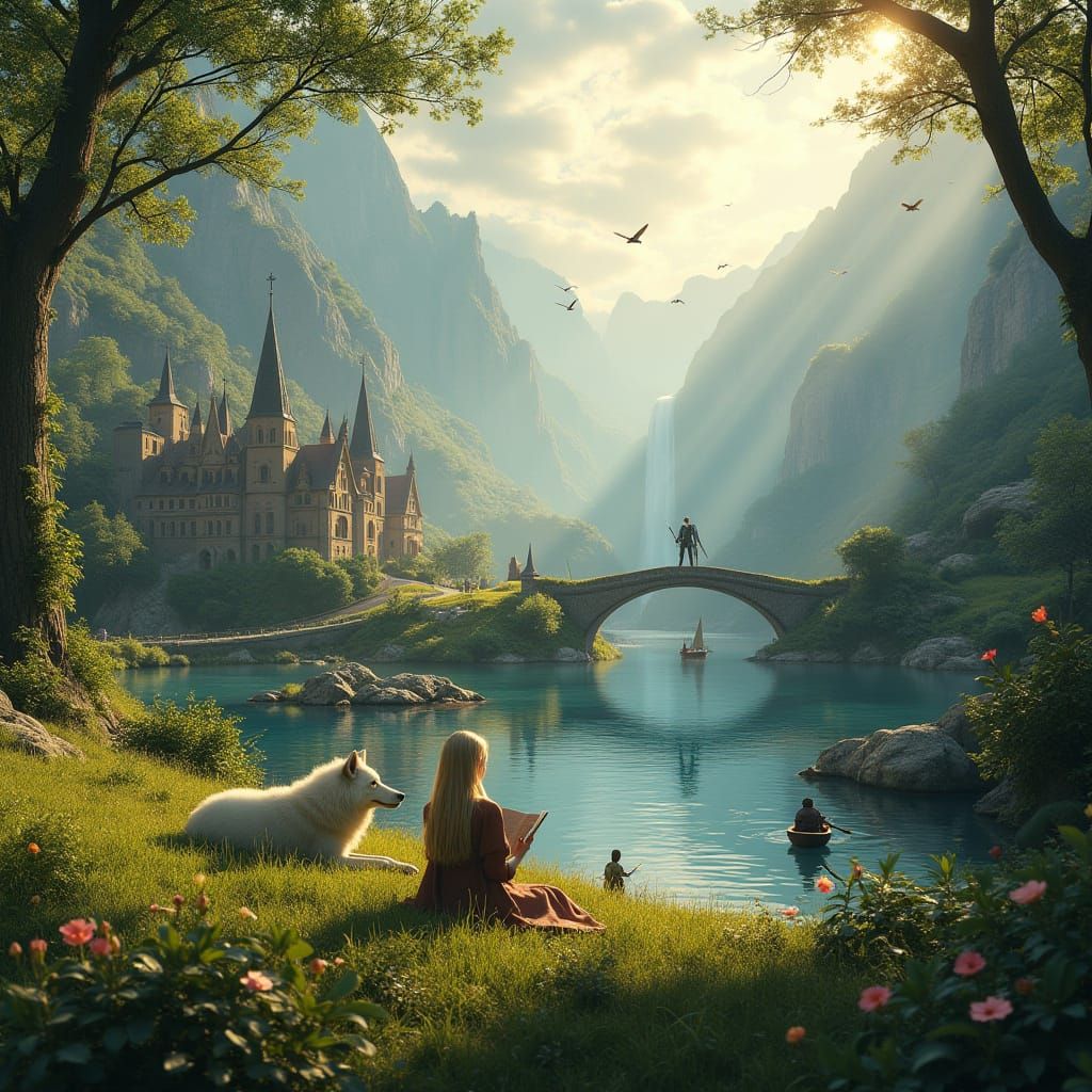 1024x1024 Rivendell Elven Village with Elf Girl and Wolf