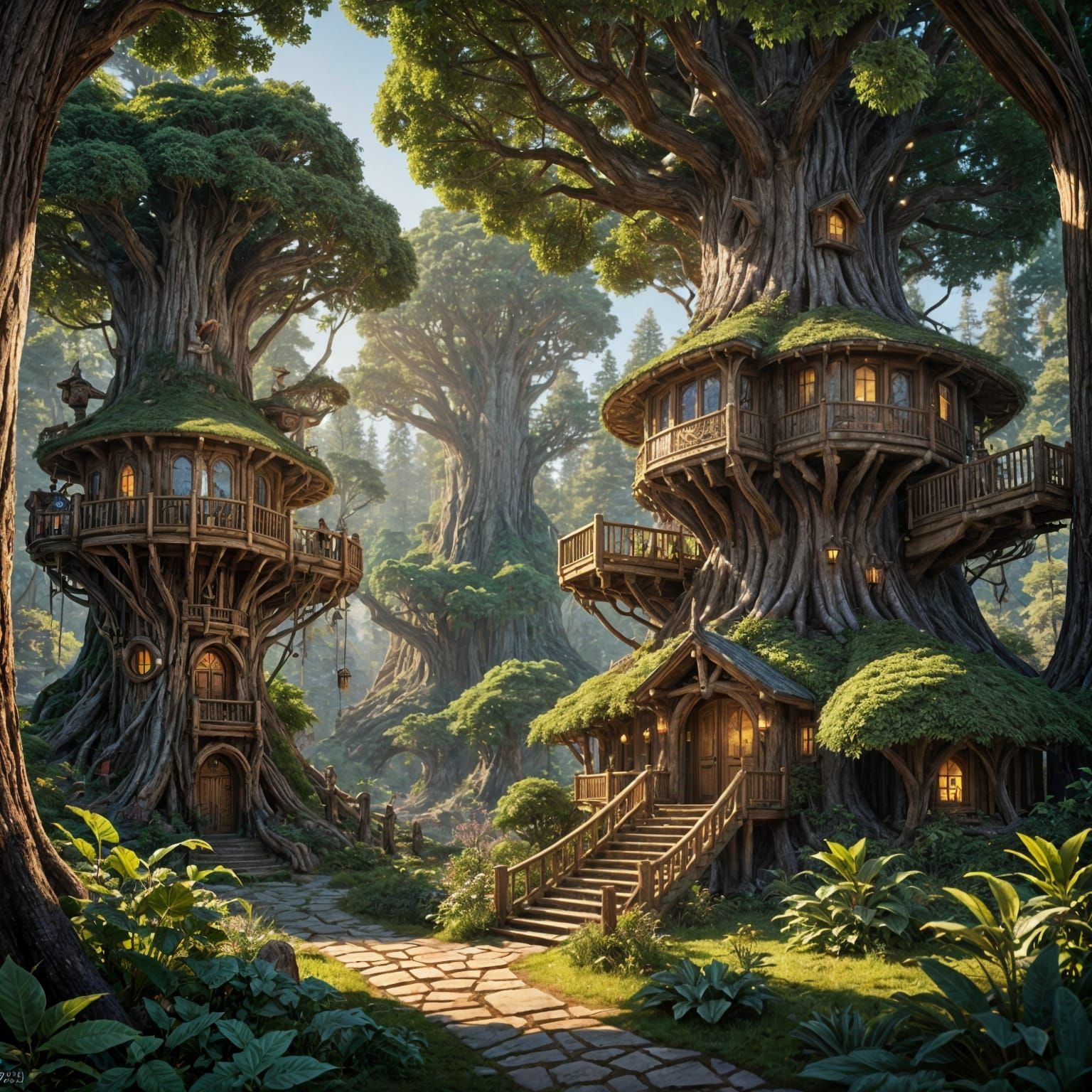 1536x1536 Fantasy Elven Treehouse Village in Golden Sunset L