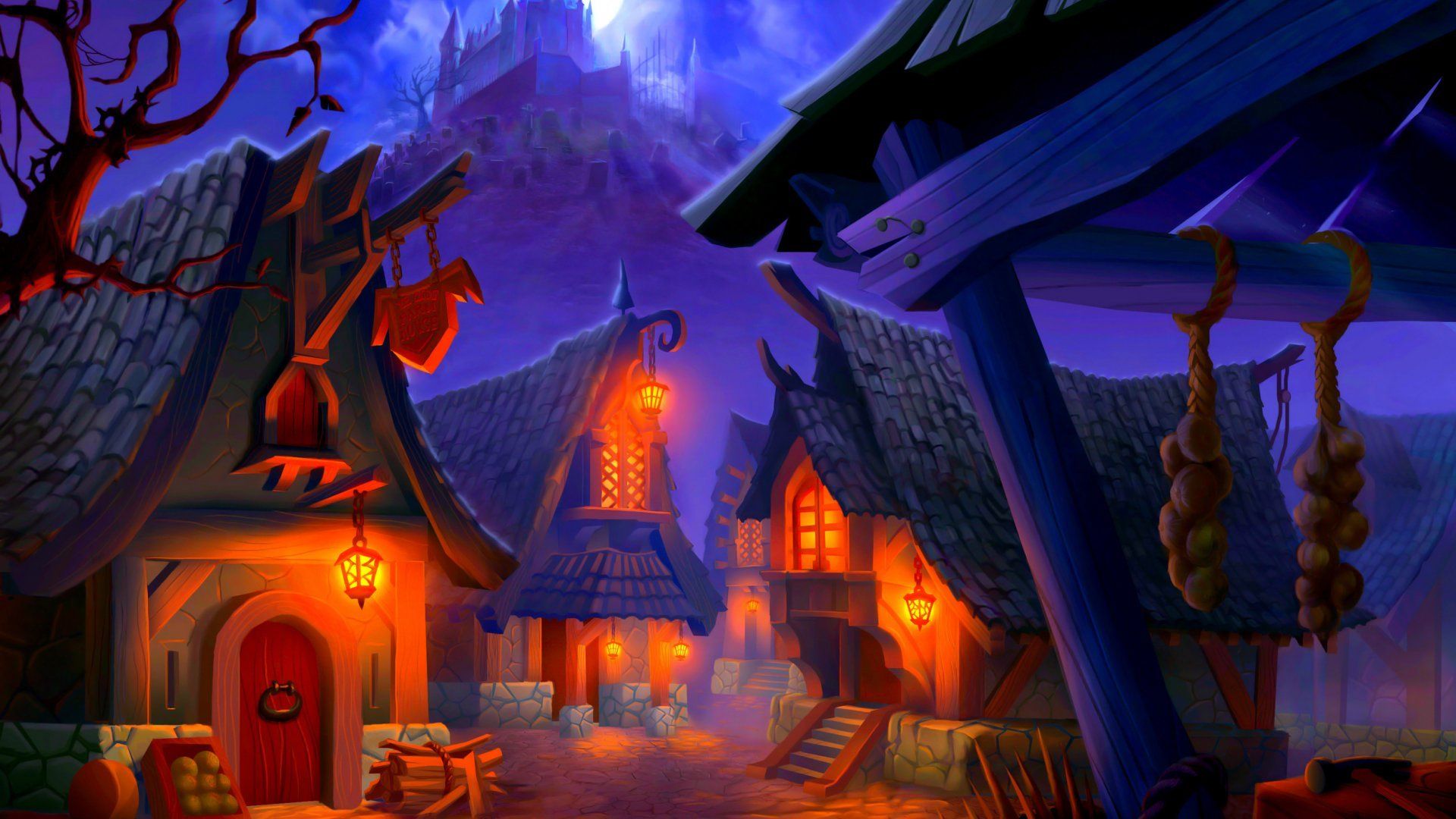 1920x1080 village, Houses, Halloween, Night Wallpaper HD / Desktop and Mobile Background