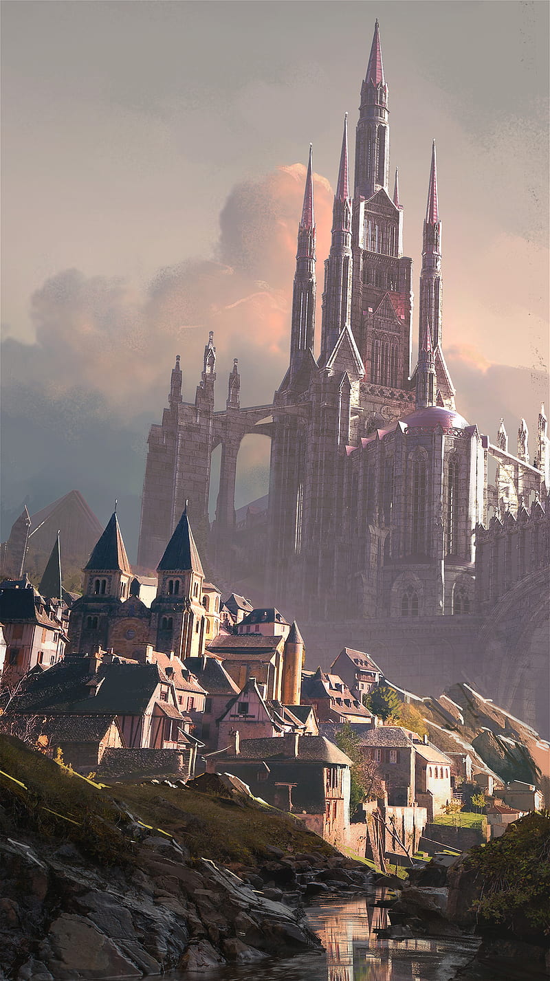 800x1427 Digital, village, castle, clouds, medieval, fantasy art, HD phone wallpaper