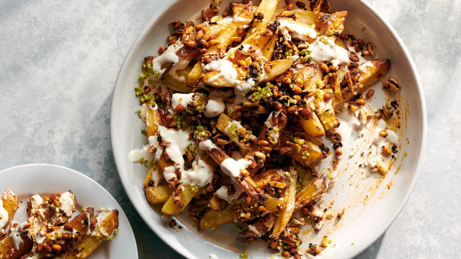 1600x900 Oven Fries With Tahini Yogurt And Smoky Sweet Nuts