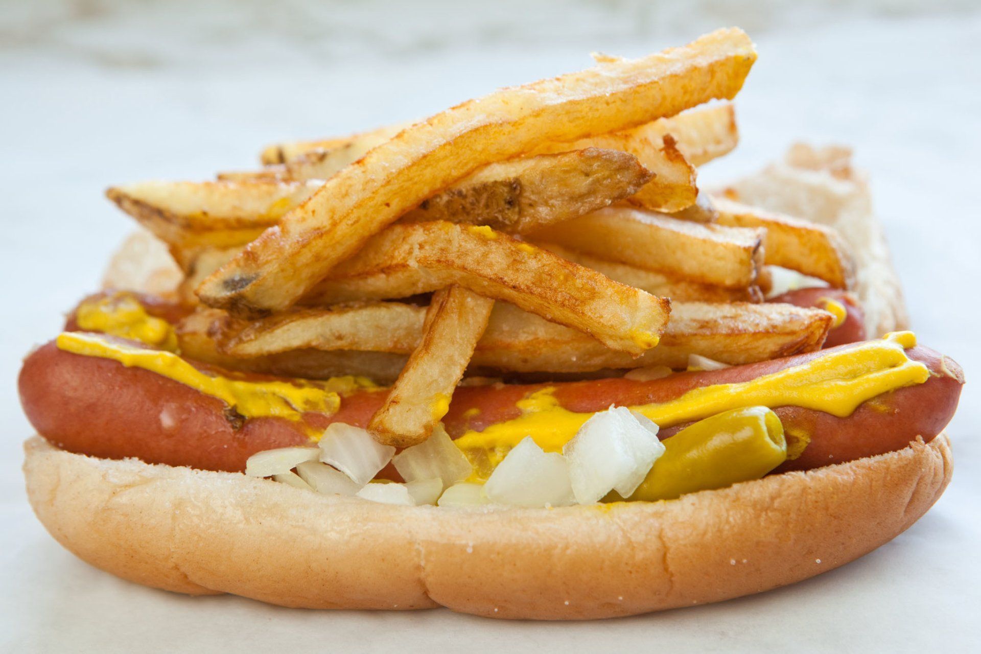 1920x1280 Delicious HD Hot Dog Loaded with Crispy French Friesx1365