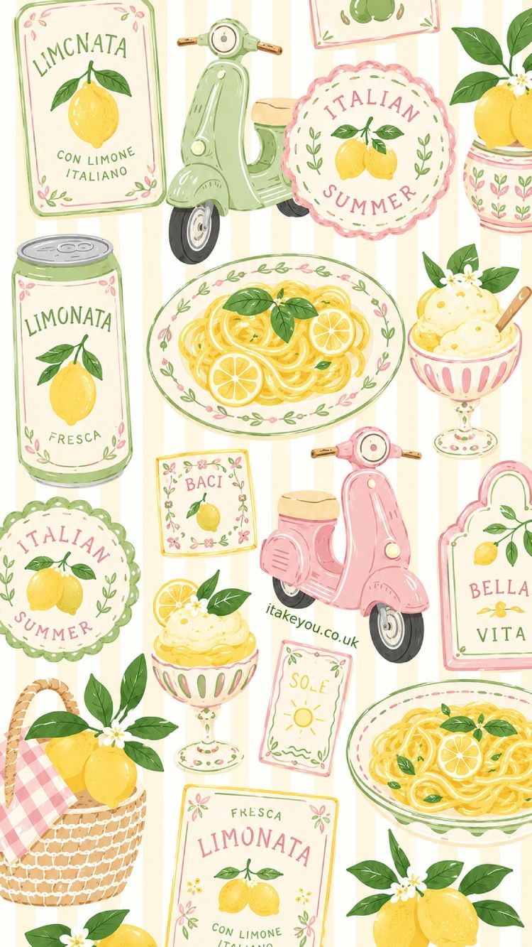 750x1333 Italian Summer Lemon Phone Wallpaper : Cute Lemon & Vespa Aesthetic Background