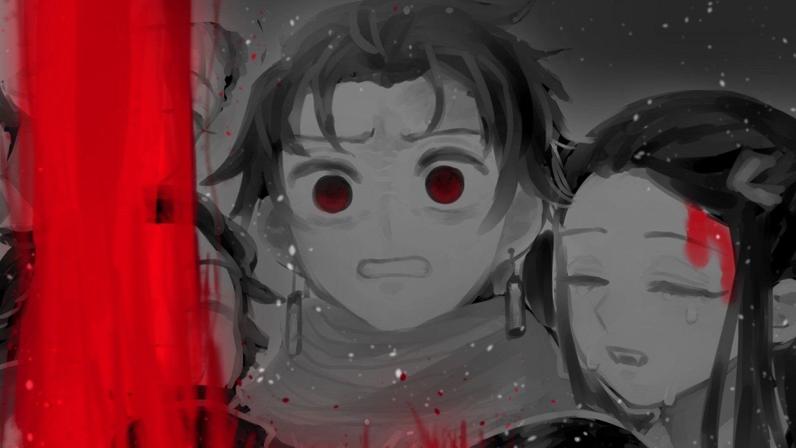 1600x900 Demon Slayer Scar Tanjiro Kamado With Red Eyes Nezuko Kamado HD Anime Wallpaper