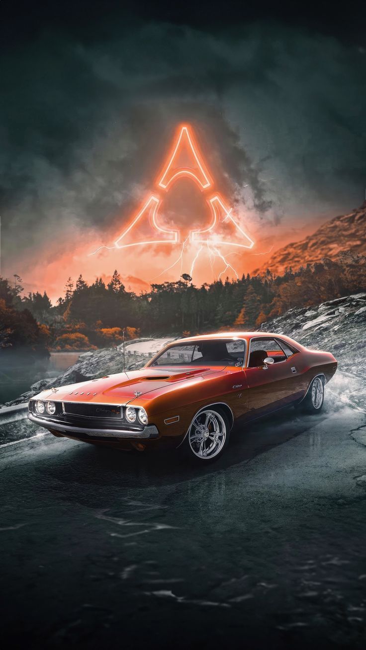 736x1308 Orange Dodge Challenger Muscle Car with Neon Triangle in Sky. Dodge challenger digital art, Challenger