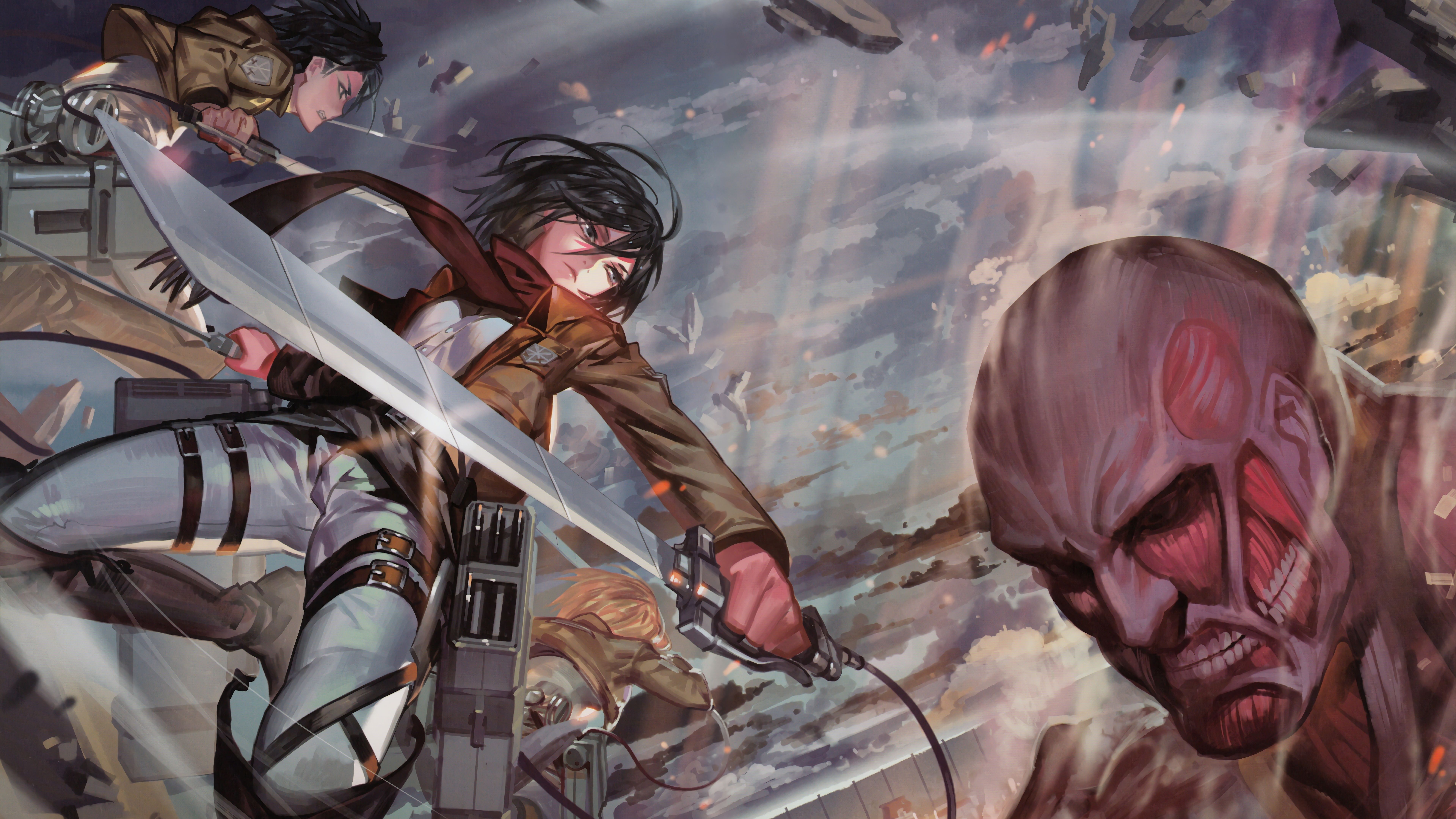7680x4320 Mikasa Levi Colossal Titan Attack on Titan 8K 4K Wallpaper HD