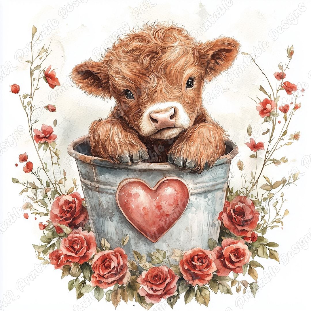 1080x1080 Valentines Day Highland Cow Clipart, Baby Calf Floral JPG, Farm Animal Image (digital Download)